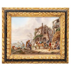 Placa de porcelana alemana con escena de pueblo, S. XIX