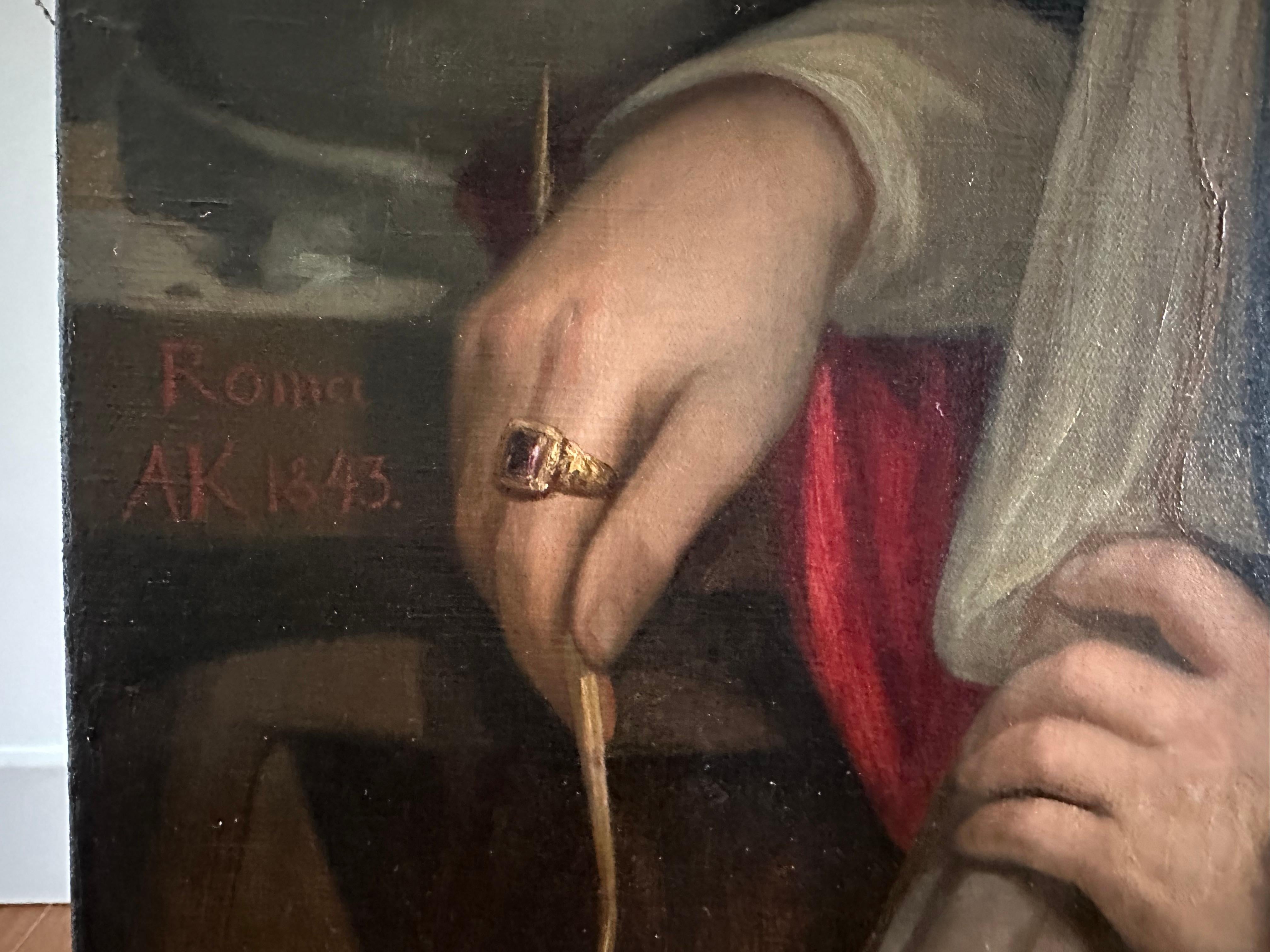 Deutsches Porträt eines Bildhauers von August Theodor Kaselowsky, signiert Roma AK 1843 (Handbemalt)