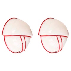 German Postmodern Pair of White Glass Red Metal Wall Sconces by Sische, 1980s