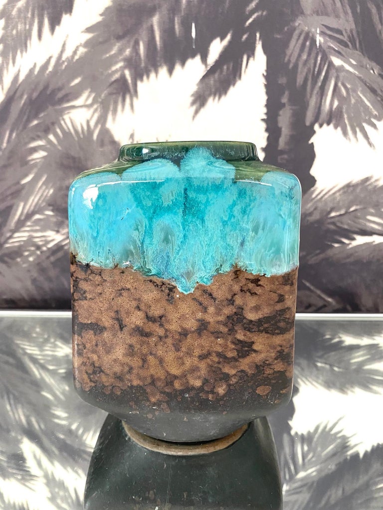German Raku Pottery Vase with Turquoise Drip Glaze by Strehla, c. 1960's For Sale 4