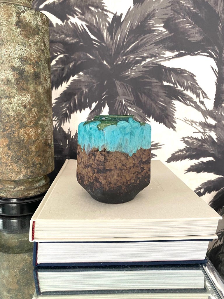 German Raku Pottery Vase with Turquoise Drip Glaze by Strehla, c. 1960's For Sale 5