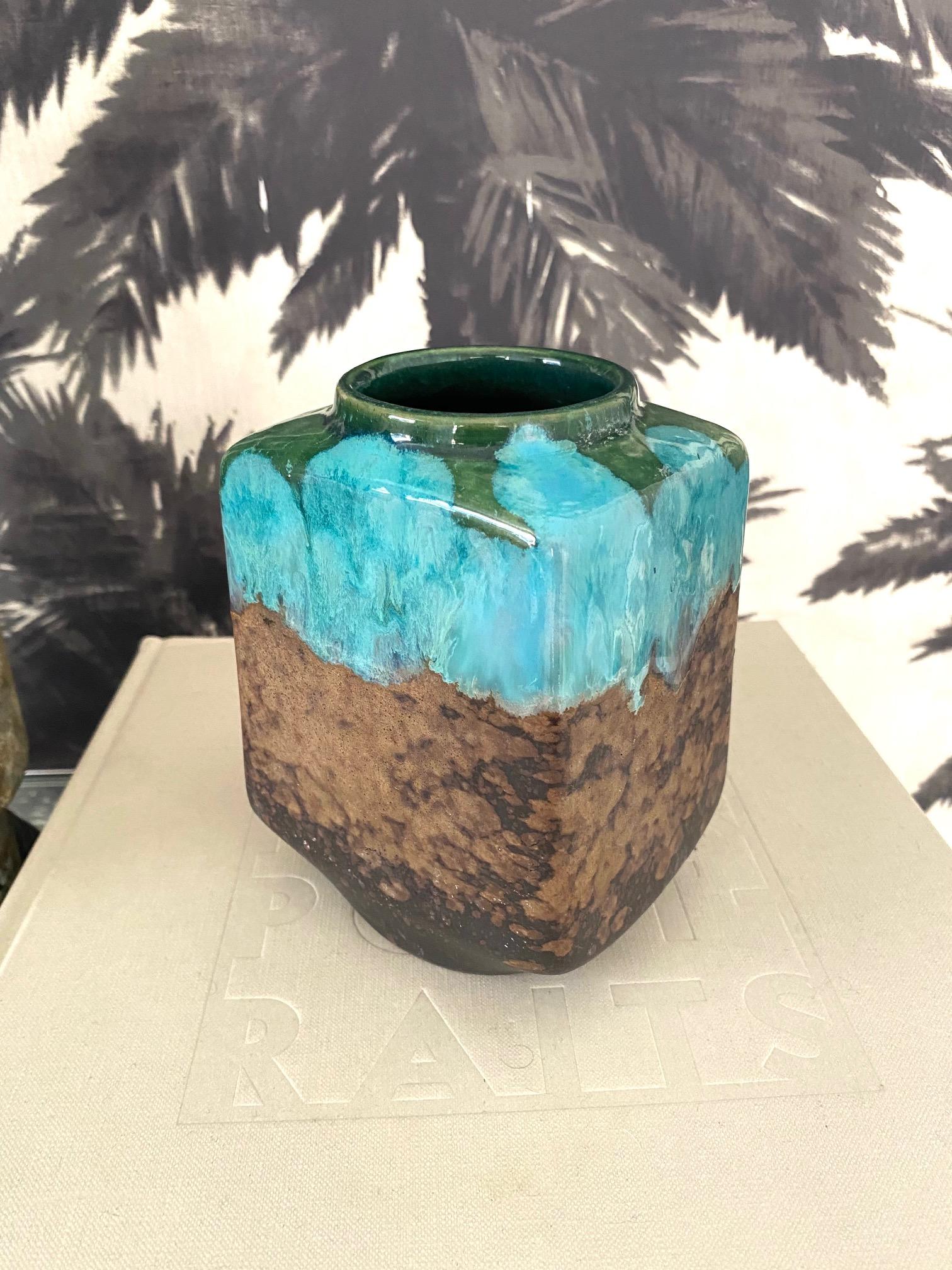 German Mid-Century Modern Raku Pottery Vase with Turquoise Drip Glaze, c. 1960's
