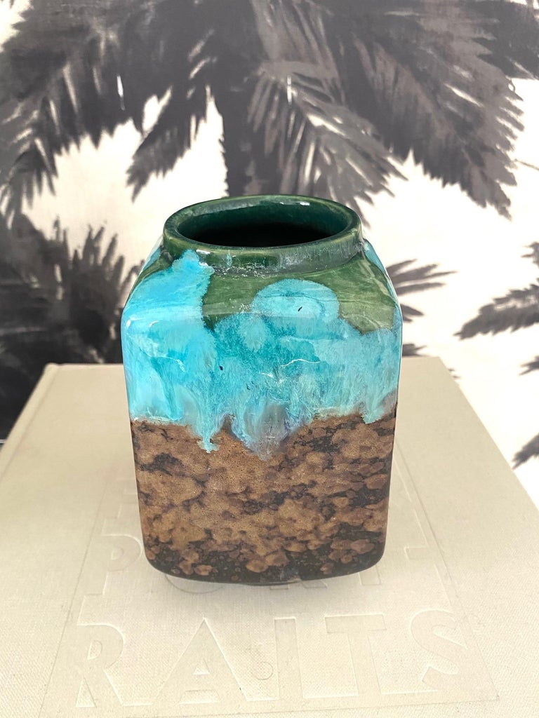 Glazed German Raku Pottery Vase with Turquoise Drip Glaze by Strehla, c. 1960's For Sale