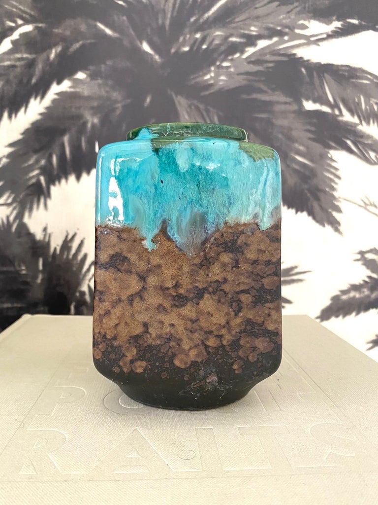 German Raku Pottery Vase with Turquoise Drip Glaze by Strehla, c. 1960's In Good Condition For Sale In Fort Lauderdale, FL