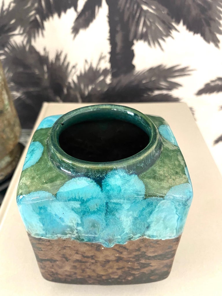 Mid-20th Century German Raku Pottery Vase with Turquoise Drip Glaze by Strehla, c. 1960's For Sale