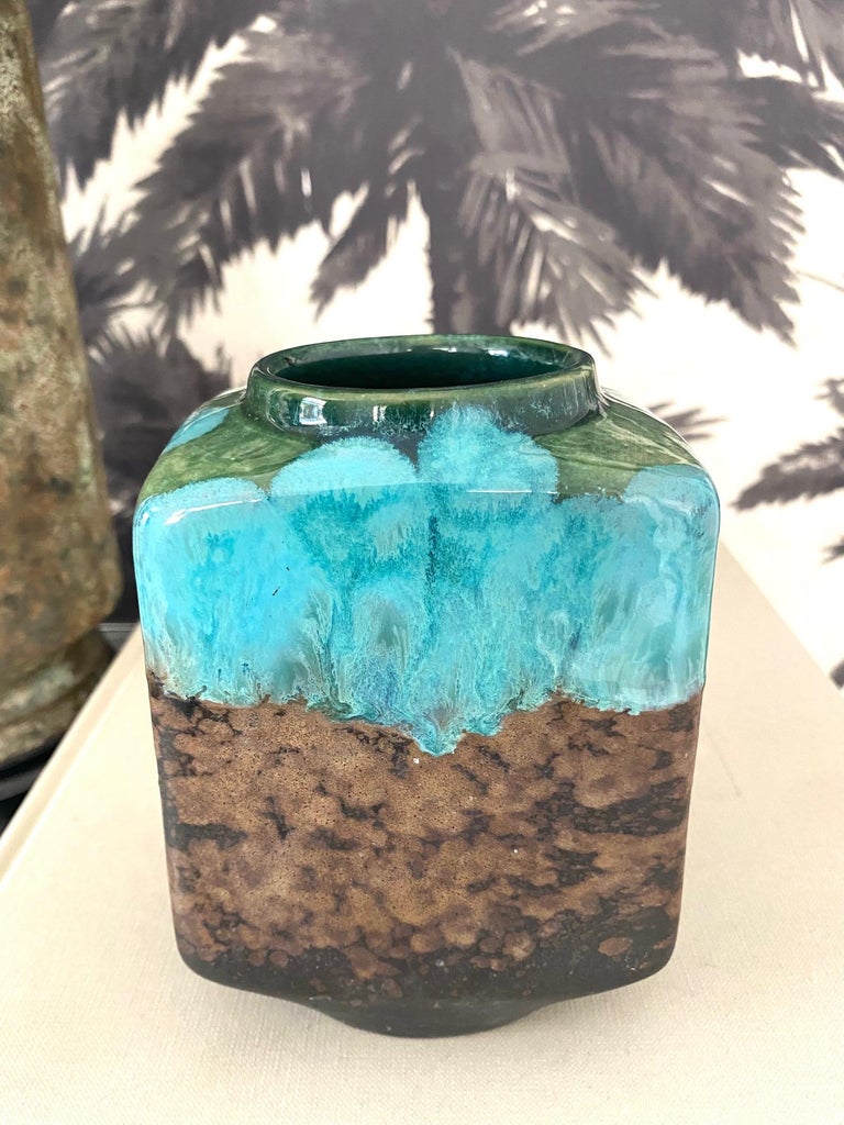 Ceramic German Raku Pottery Vase with Turquoise Drip Glaze by Strehla, c. 1960's For Sale