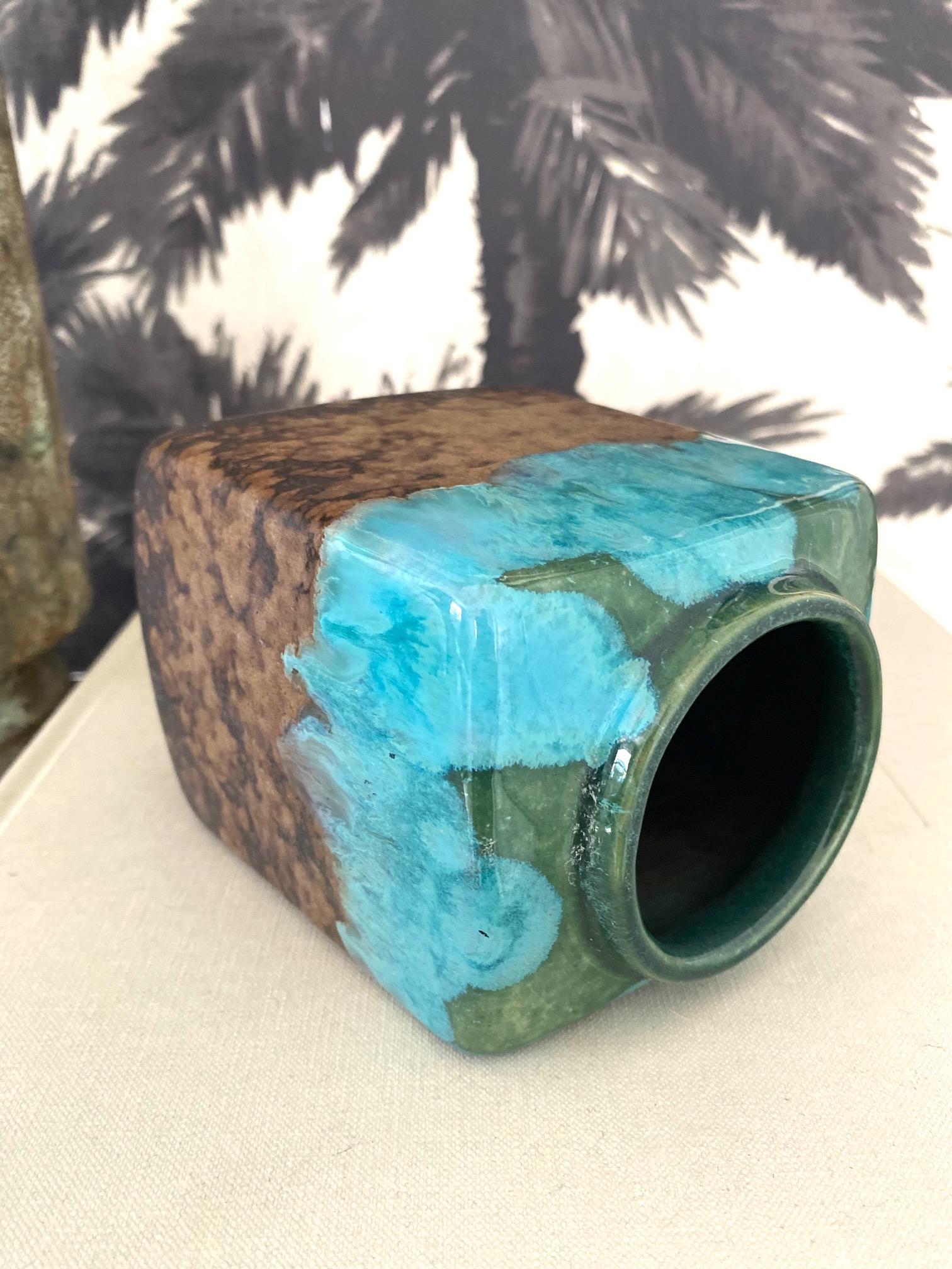 Mid-Century Modern Raku Pottery Vase with Turquoise Drip Glaze, c. 1960's 2