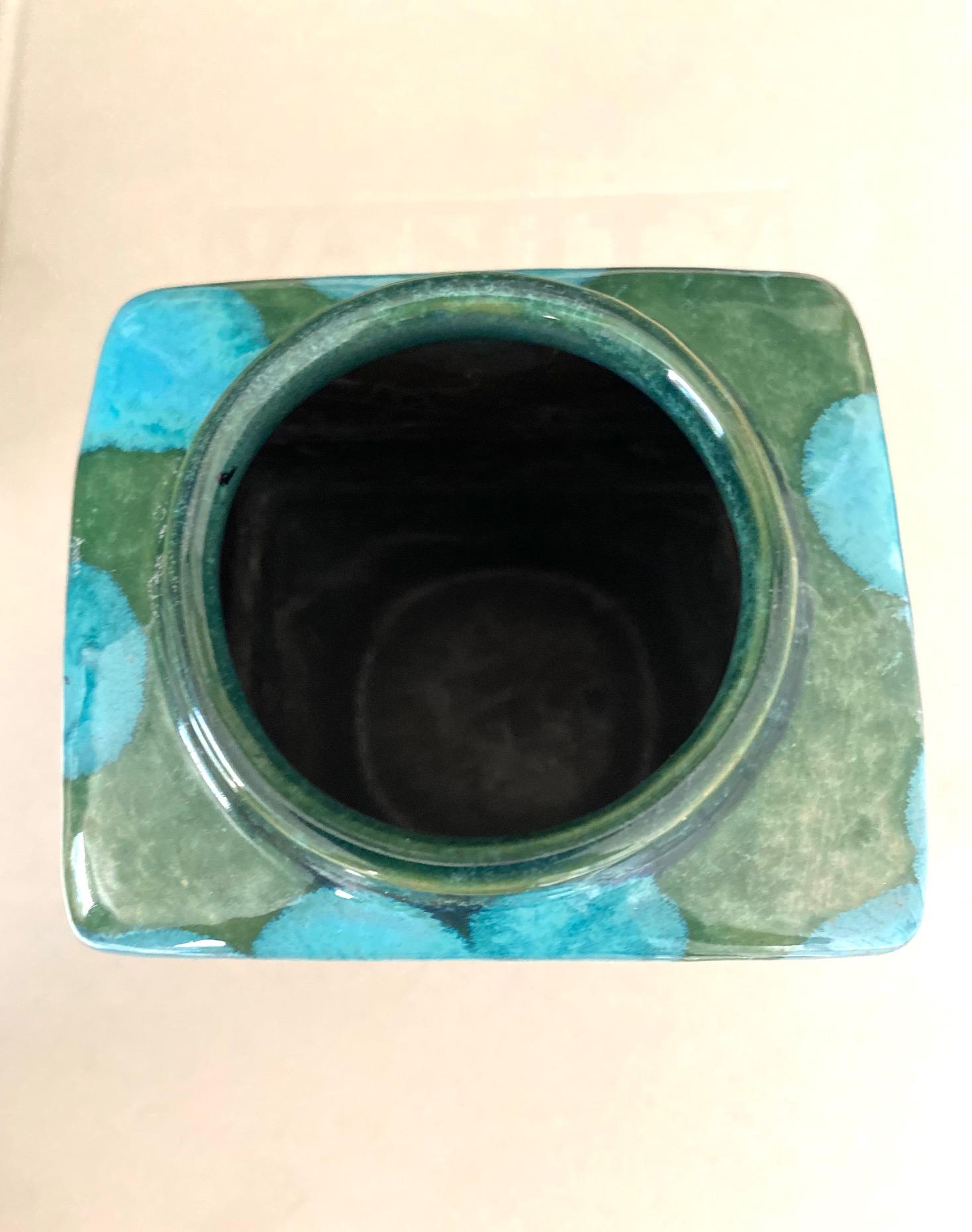 Mid-Century Modern Raku Pottery Vase with Turquoise Drip Glaze, c. 1960's 3