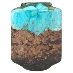 German Raku Pottery Vase with Turquoise Drip Glaze by Strehla, c. 1960's