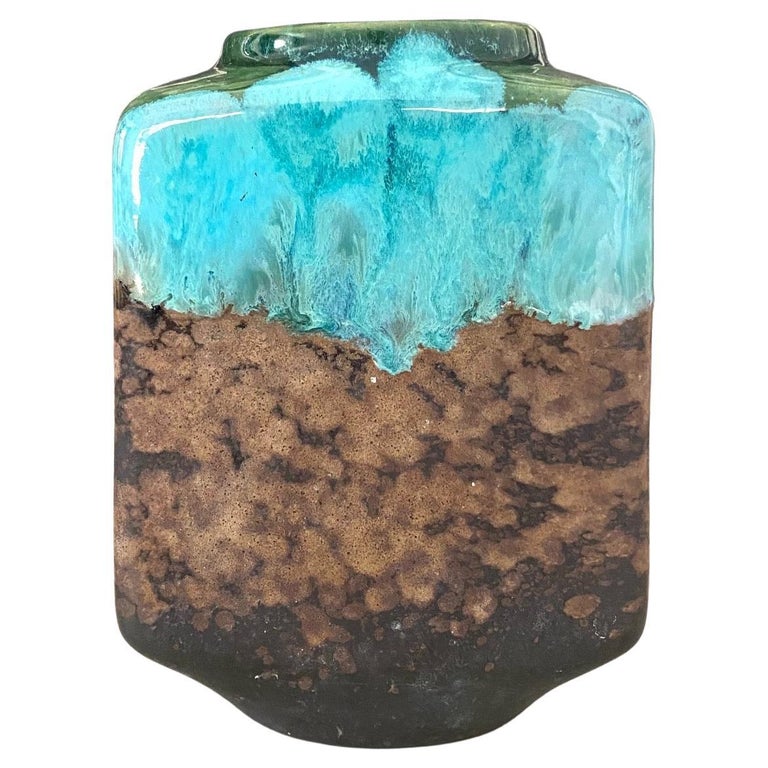 German Raku Pottery Vase with Turquoise Drip Glaze by Strehla, c. 1960's For Sale