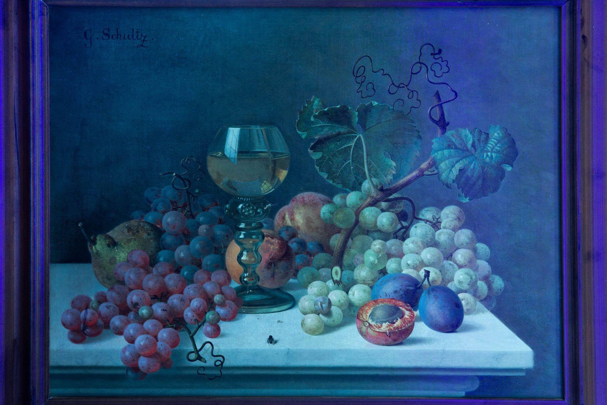 German Realist Still-Life Painting of Fruits and Wine by Gottfried Schultz For Sale 9