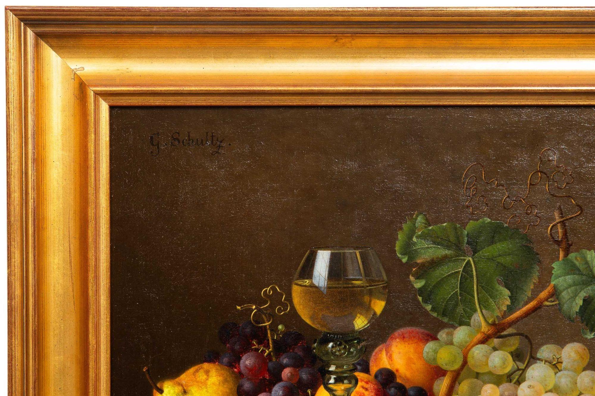German Realist Still-Life Painting of Fruits and Wine by Gottfried Schultz For Sale 10