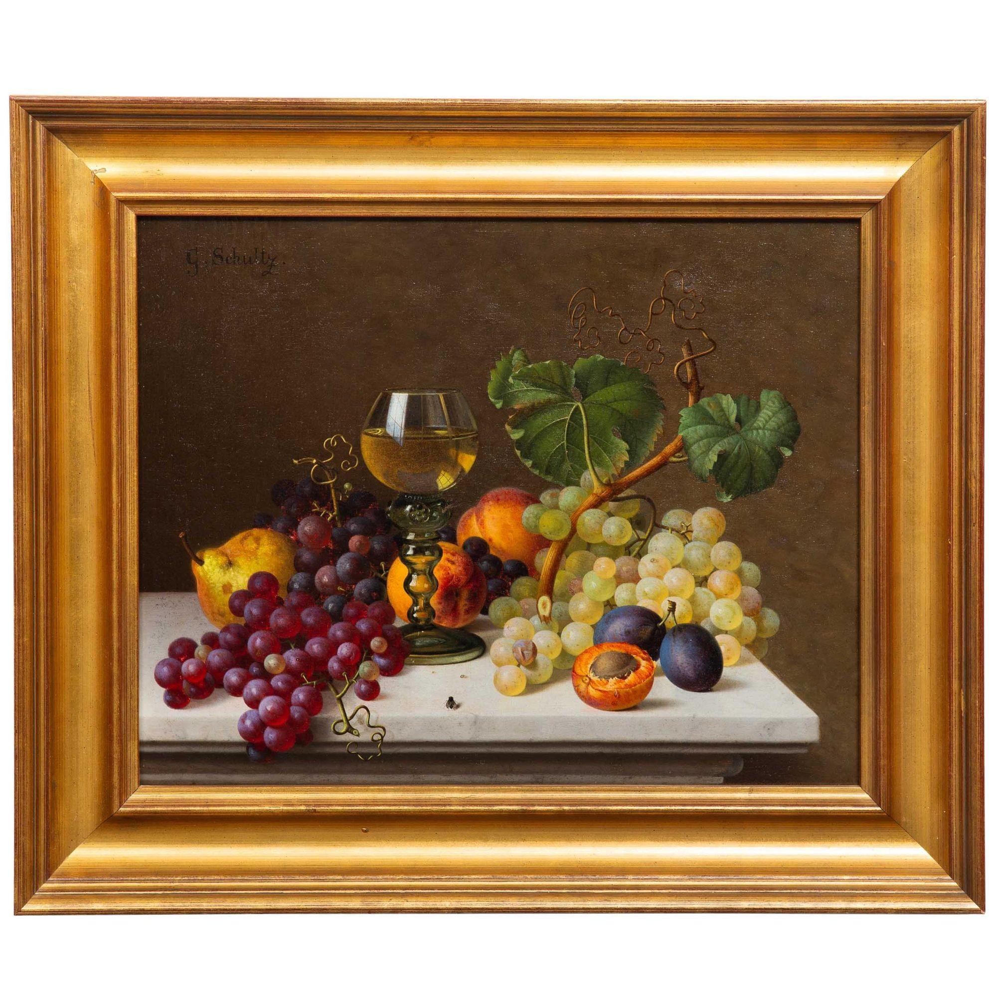 GOTTFRIED SCHULTZ
German, 1842-1919

Still-Life with Fruits and Wine on a Marble Surface with a Small Fly

Oil on linen  Signed upper left 