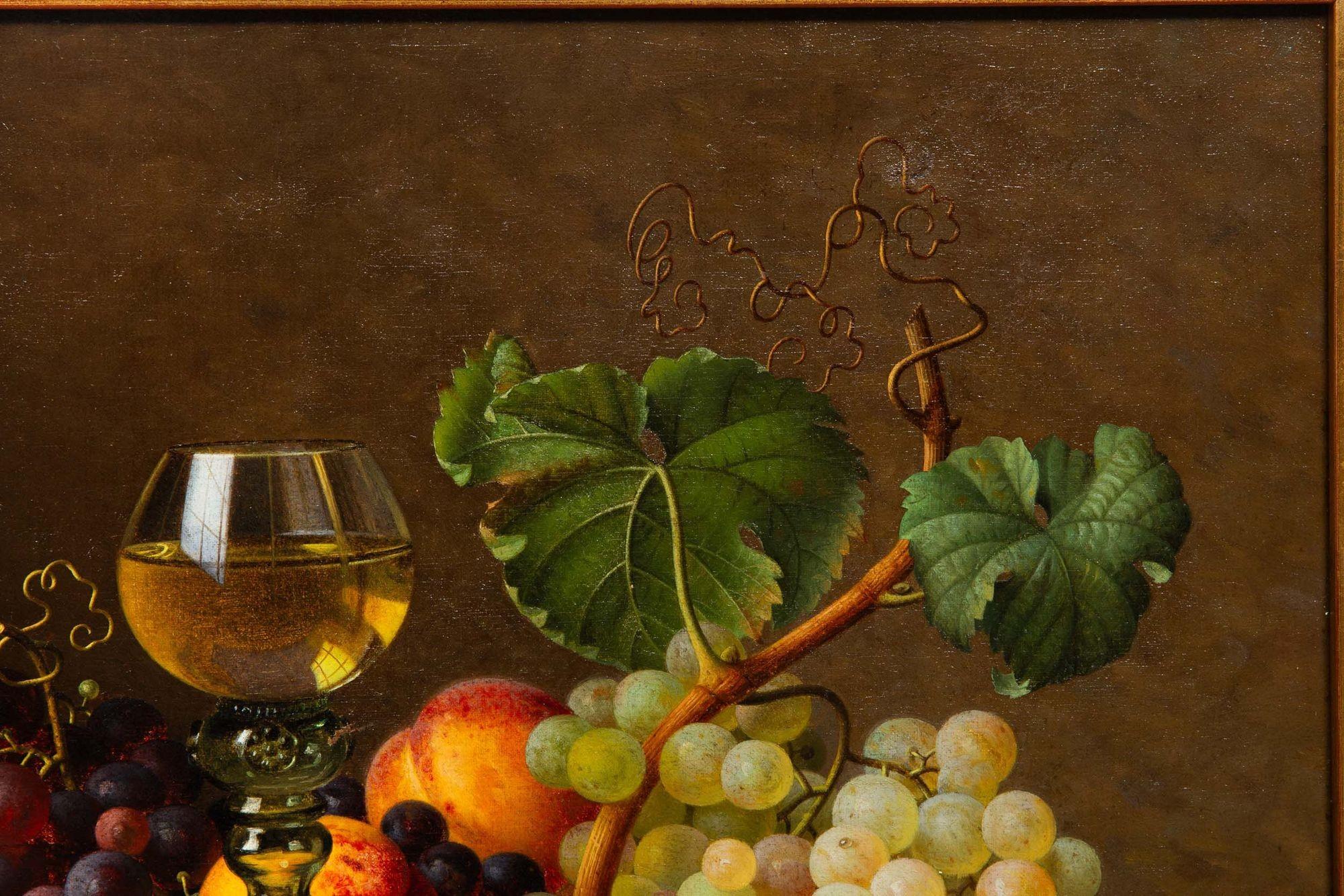 19th Century German Realist Still-Life Painting of Fruits and Wine by Gottfried Schultz For Sale