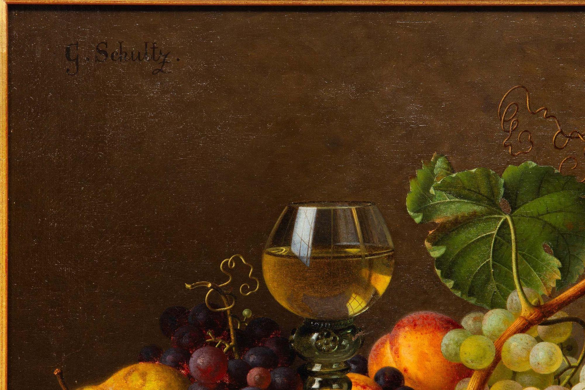 Linen German Realist Still-Life Painting of Fruits and Wine by Gottfried Schultz For Sale