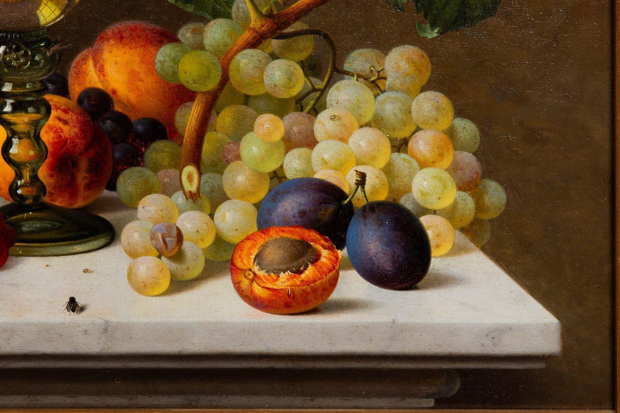 German Realist Still-Life Painting of Fruits and Wine by Gottfried Schultz For Sale 2