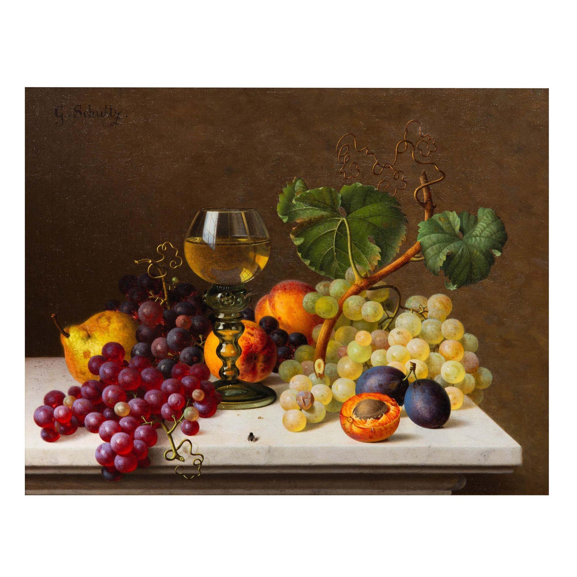 German Realist Still-Life Painting of Fruits and Wine by Gottfried Schultz For Sale