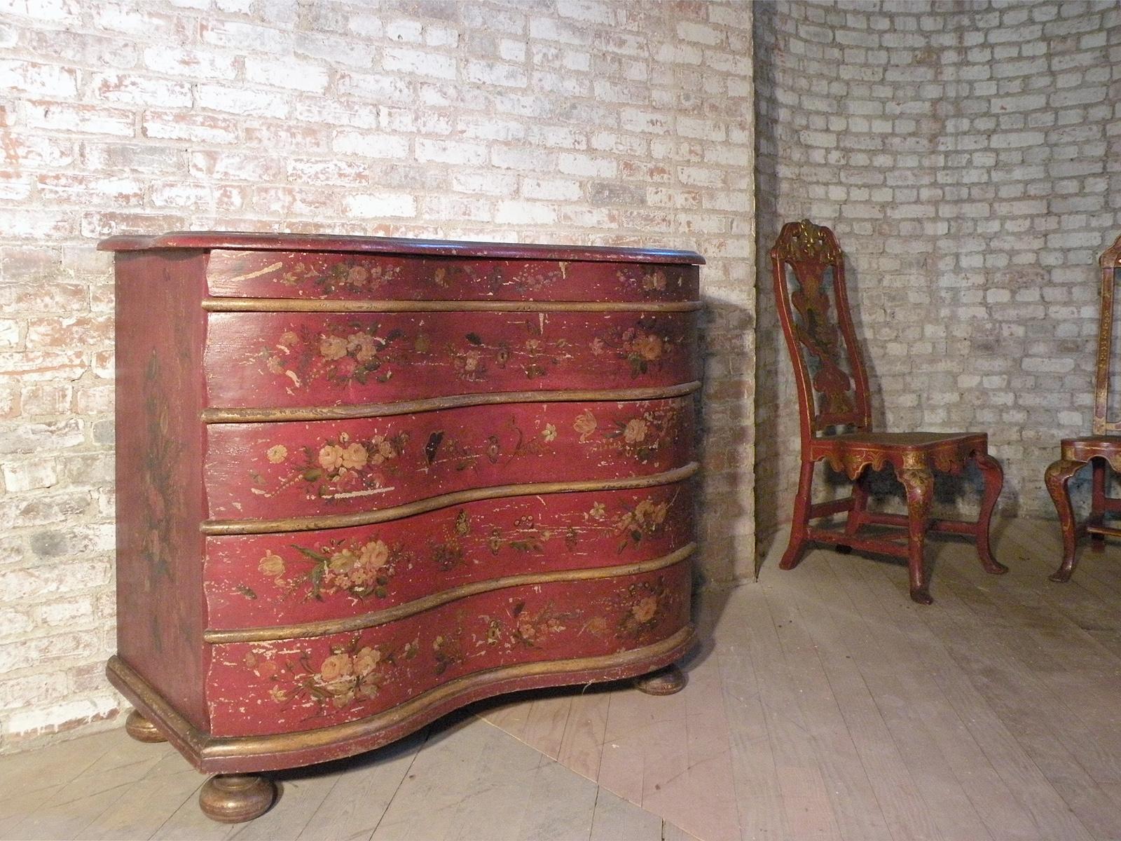 Oak German Red Painted 18th Century Serpentine Front Commode  For Sale