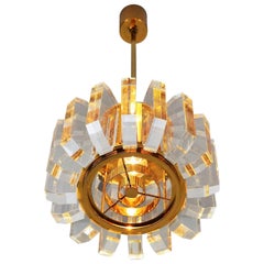 German Regency Lucite or Plexiglas and Gold Plated Pendant Light, 1970s