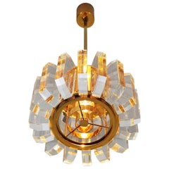 German Regency Lucite or Plexiglas and Gold Plated Pendant Light, 1970s