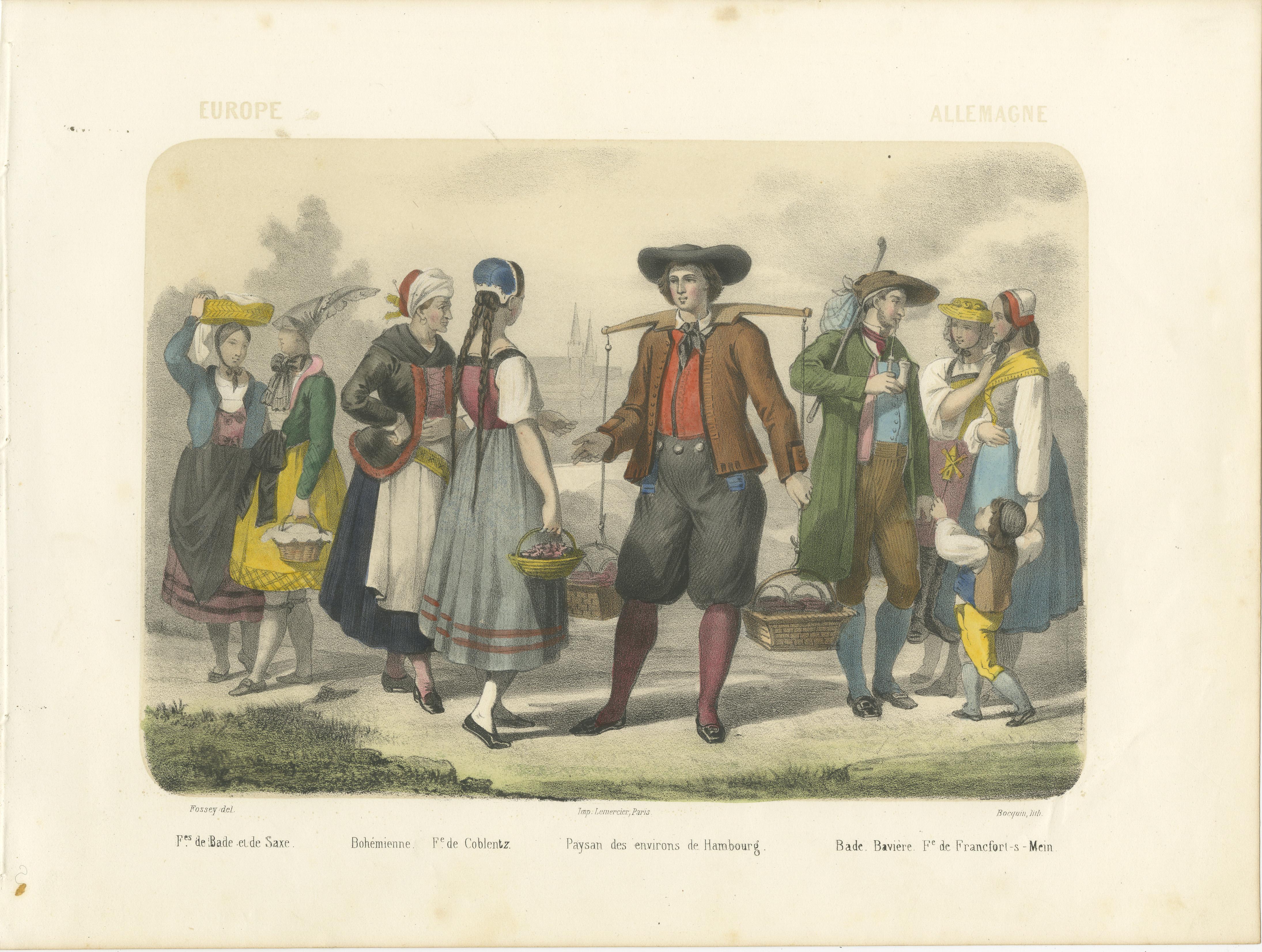 Título: Trajes regionales alemanes - Figuras bávaras y sajonas, c.1845

Descripción:
Esta elegante litografía coloreada a mano, titulada 
