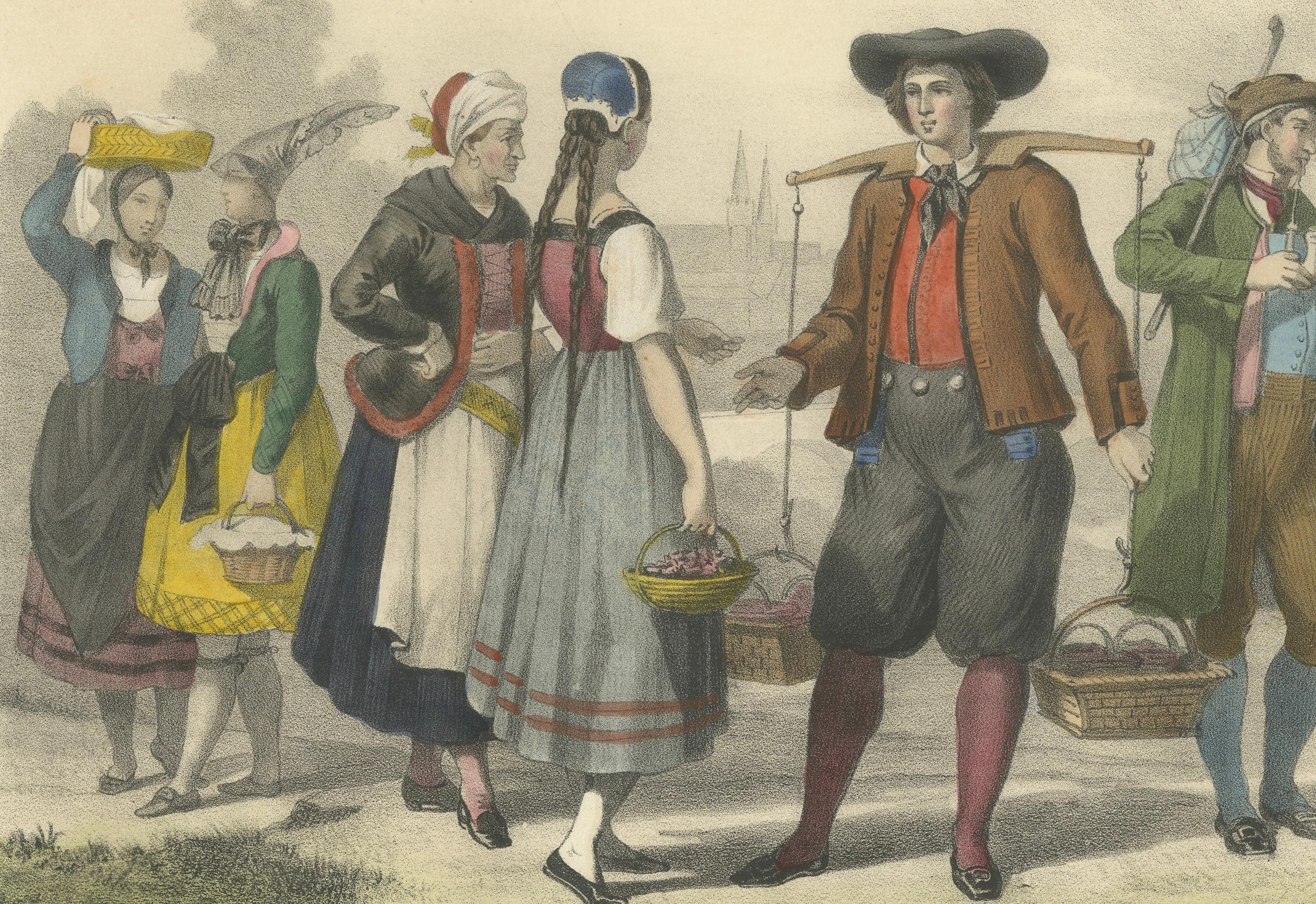 Trajes regionales alemanes - Figuras bávaras y sajonas, c.1845 Papel en venta