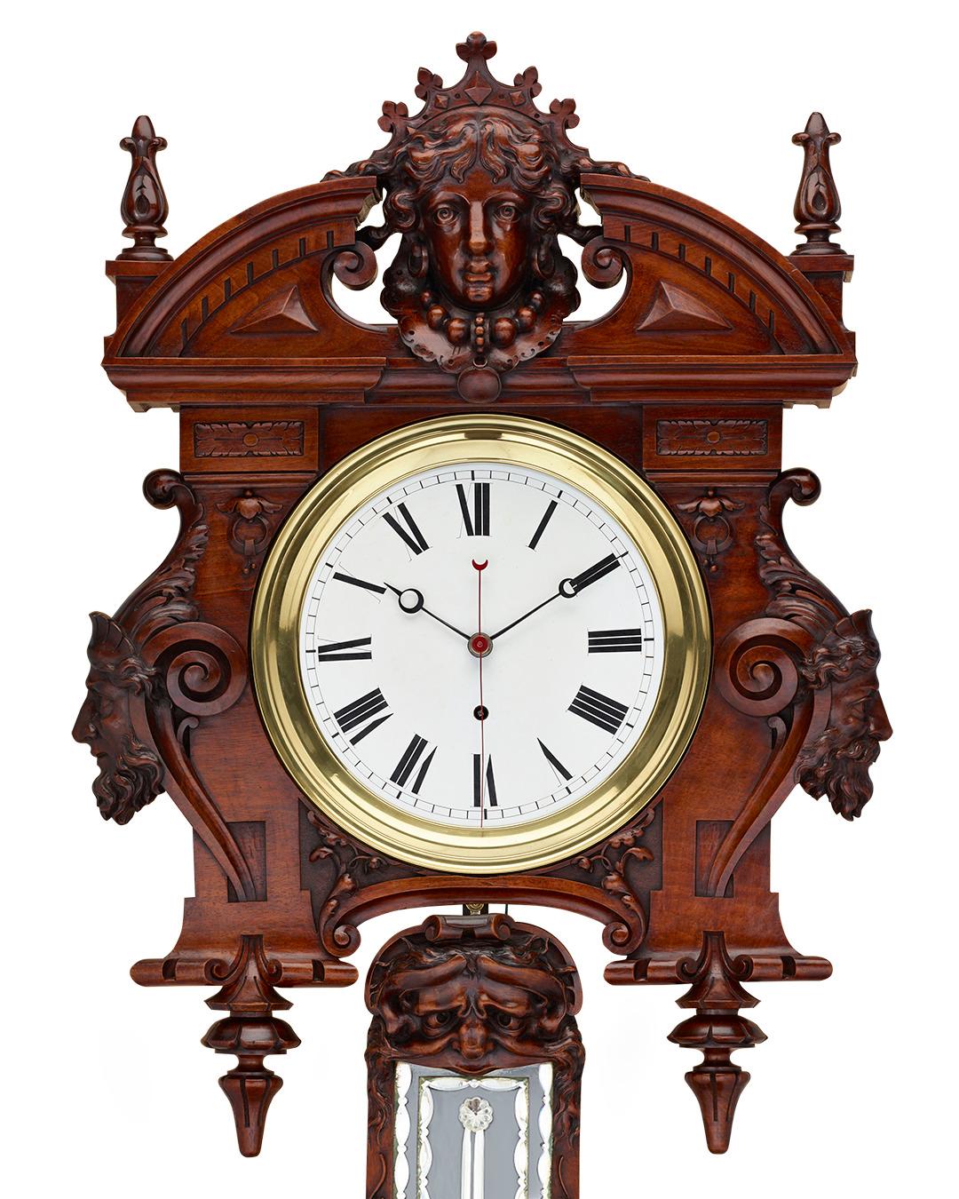 This exceptionally rare German pinwheel regulator clock is almost certainly the only one of its kind in existence. The highly unique timepiece features an extraordinary pendulum that is carved almost entirely from wood. 

Due to the nature of