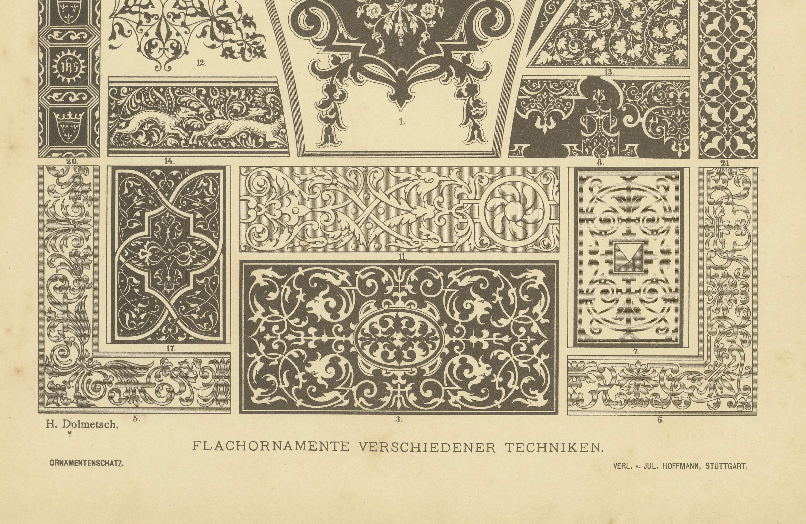 This print is an example of German Renaissance decorative arts. It beautifully illustrates various traditional techniques and artistic expressions from the period:

Key Features:
- Wall and Ceiling Paintings: The central section displays lush,