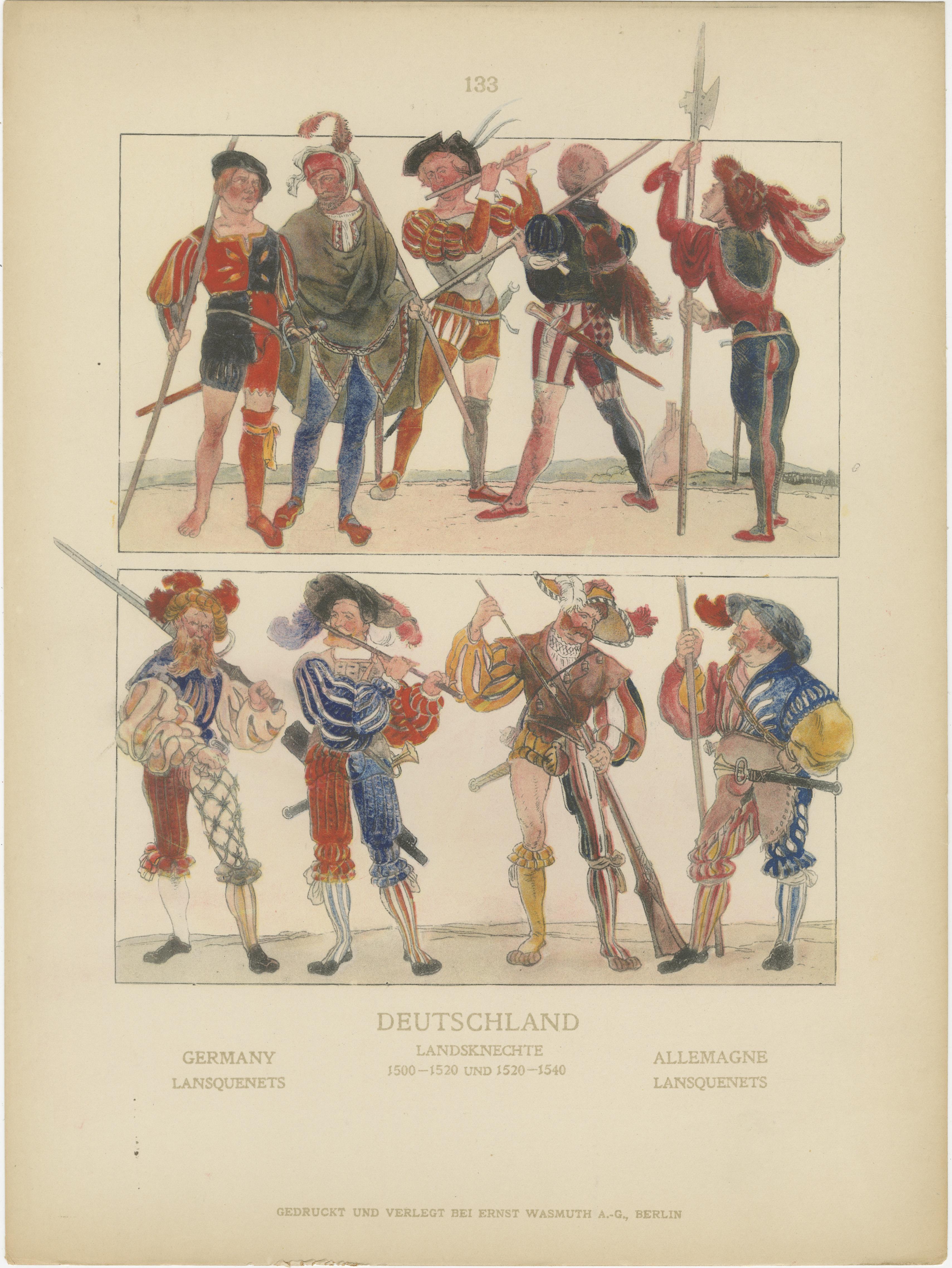 Fin du XIXe siècle Costumes allemands de la Renaissance et de Landsknecht des années 1500 - Ensemble de 6 estampes anciennes, 1880 en vente