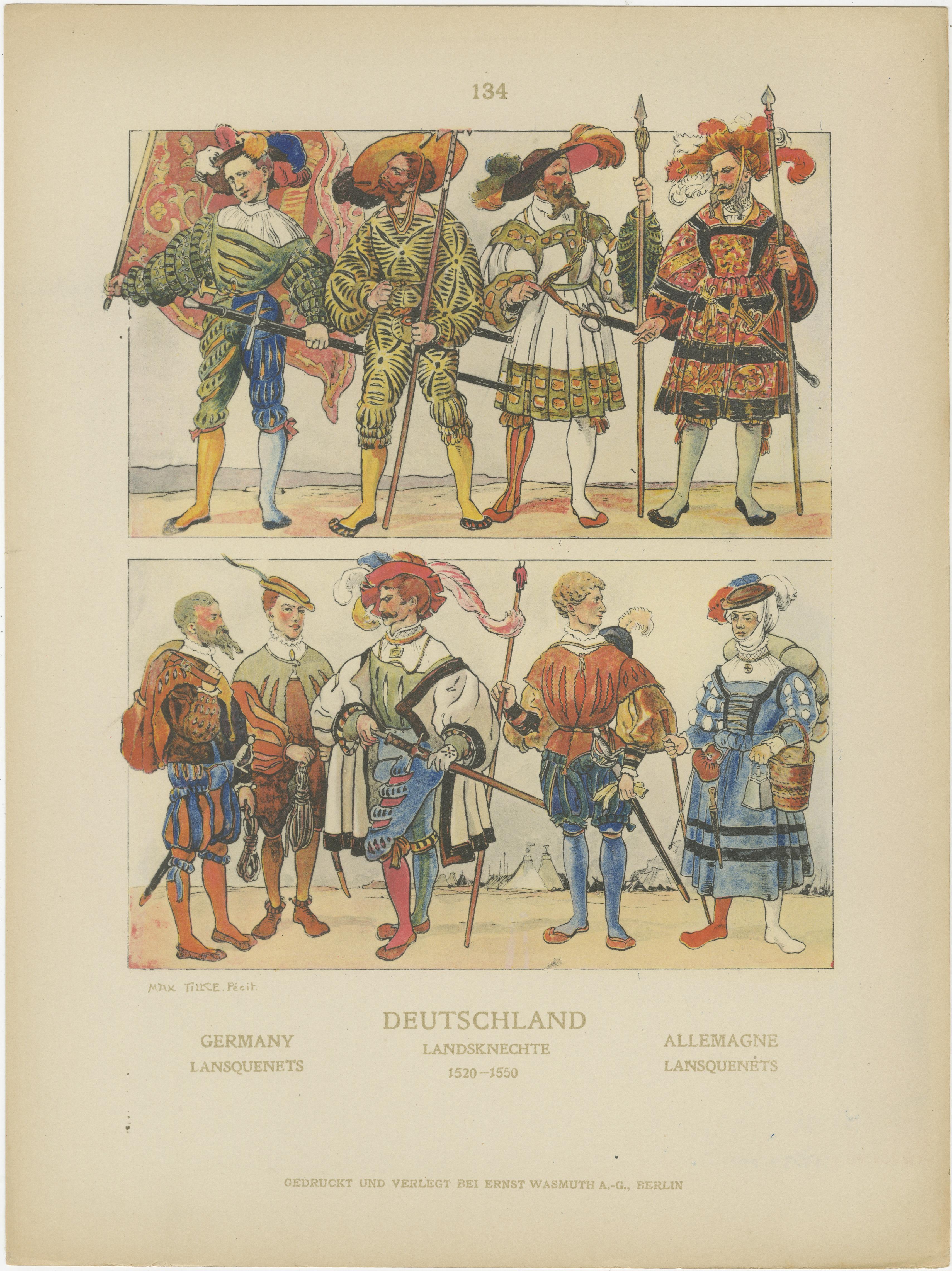 Papier Costumes allemands de la Renaissance et de Landsknecht des années 1500 - Ensemble de 6 estampes anciennes, 1880 en vente
