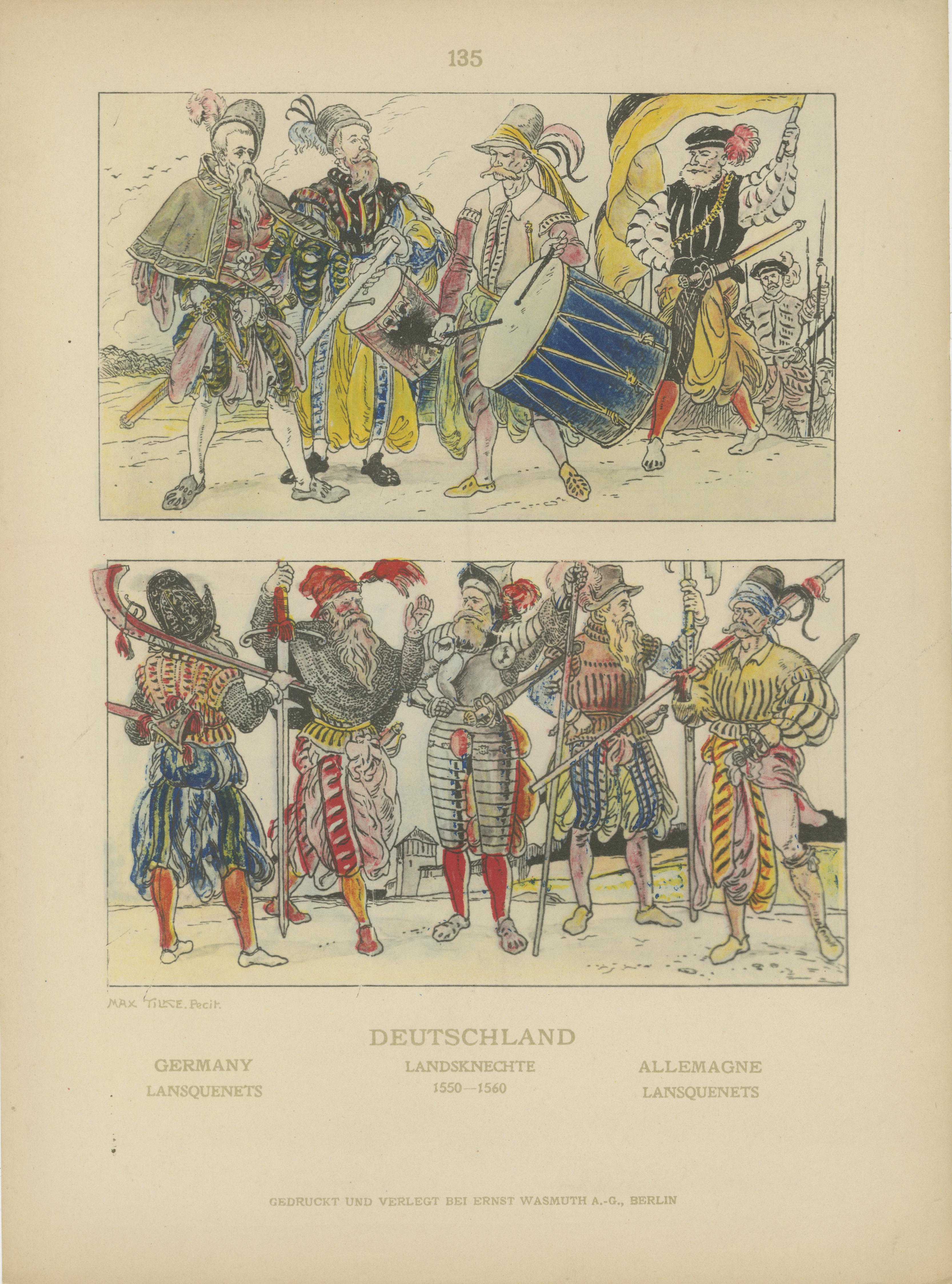 Costumes allemands de la Renaissance et de Landsknecht des années 1500 - Ensemble de 6 estampes anciennes, 1880 en vente 1