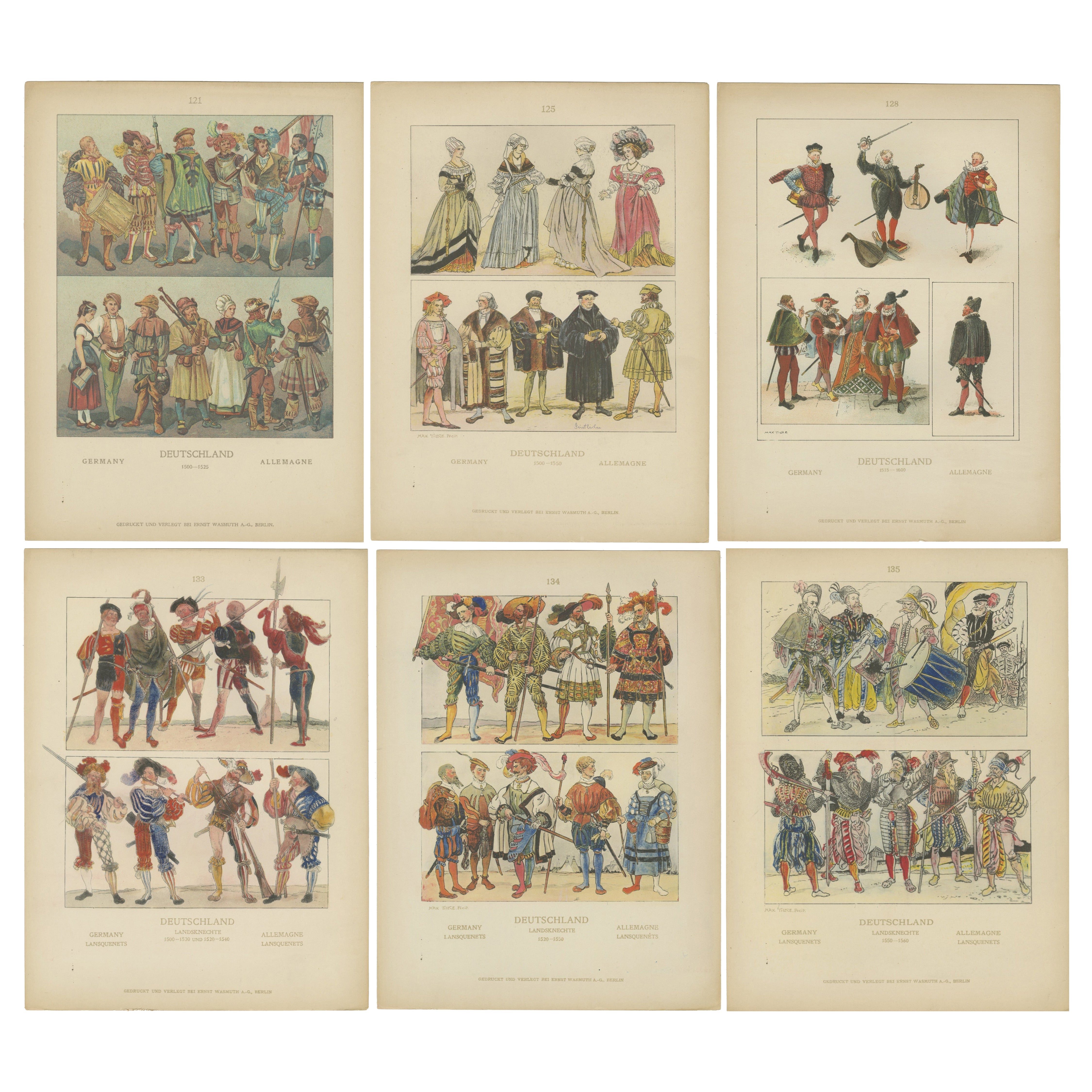 Costumes allemands de la Renaissance et de Landsknecht des années 1500 - Ensemble de 6 estampes anciennes, 1880