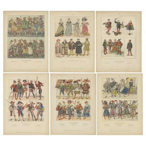 German Renaissance & Landsknecht Costumes 1500s, Set of 6 Antique Prints, 1880