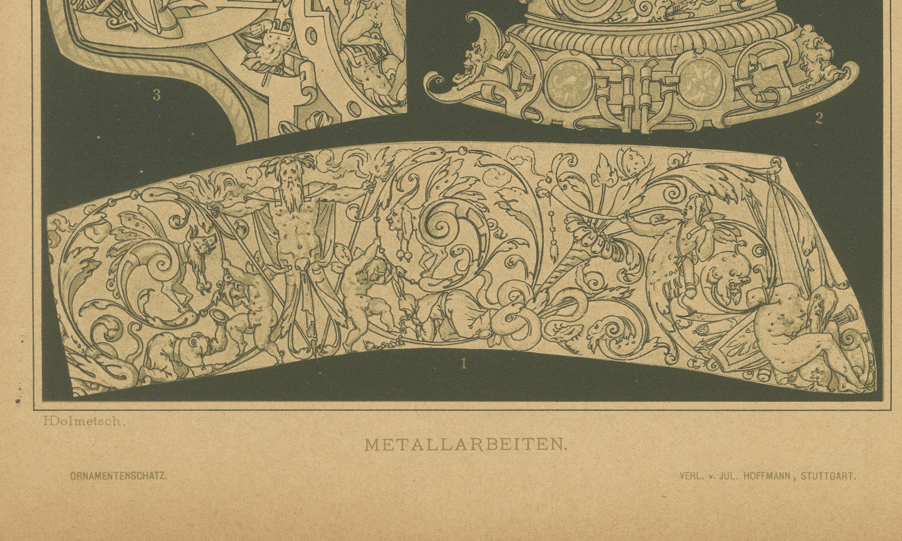 Este grabado es un llamativo ejemplo de los diseños de metalistería del Renacimiento alemán, en el que destaca la elaborada ornamentación típica de la época:

Características:
- Motivos intrincados: El grabado muestra varias piezas de metalistería,