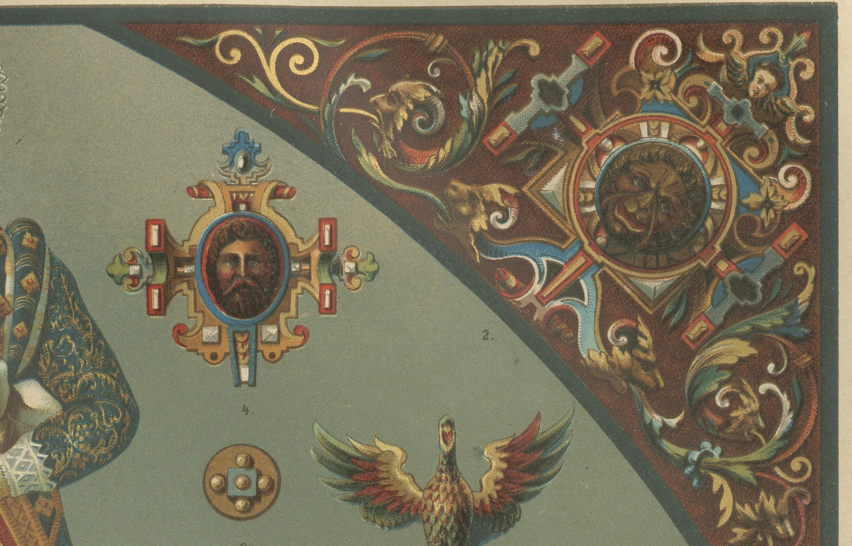Estampa de escultura pintada renacentista alemana de H. Dolmetsch, Ornamentenschatz c.1880

Este cautivador grabado de H. Dolmetsch muestra el intrincado y vibrante arte de la 