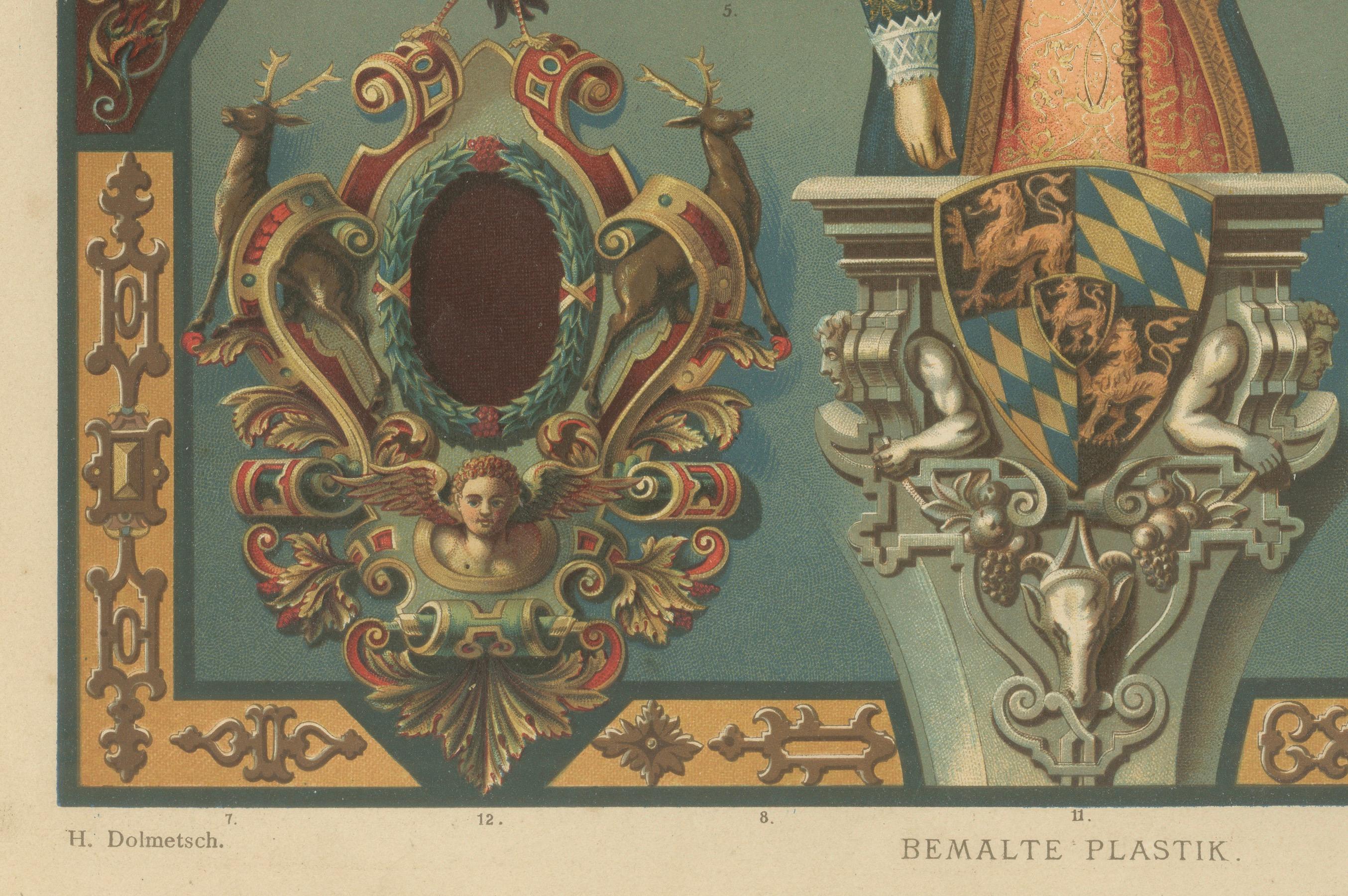 Estampa de escultura pintada renacentista alemana de Dolmetsch, Ornamentenschatz, 1887 Fines del siglo XIX en venta