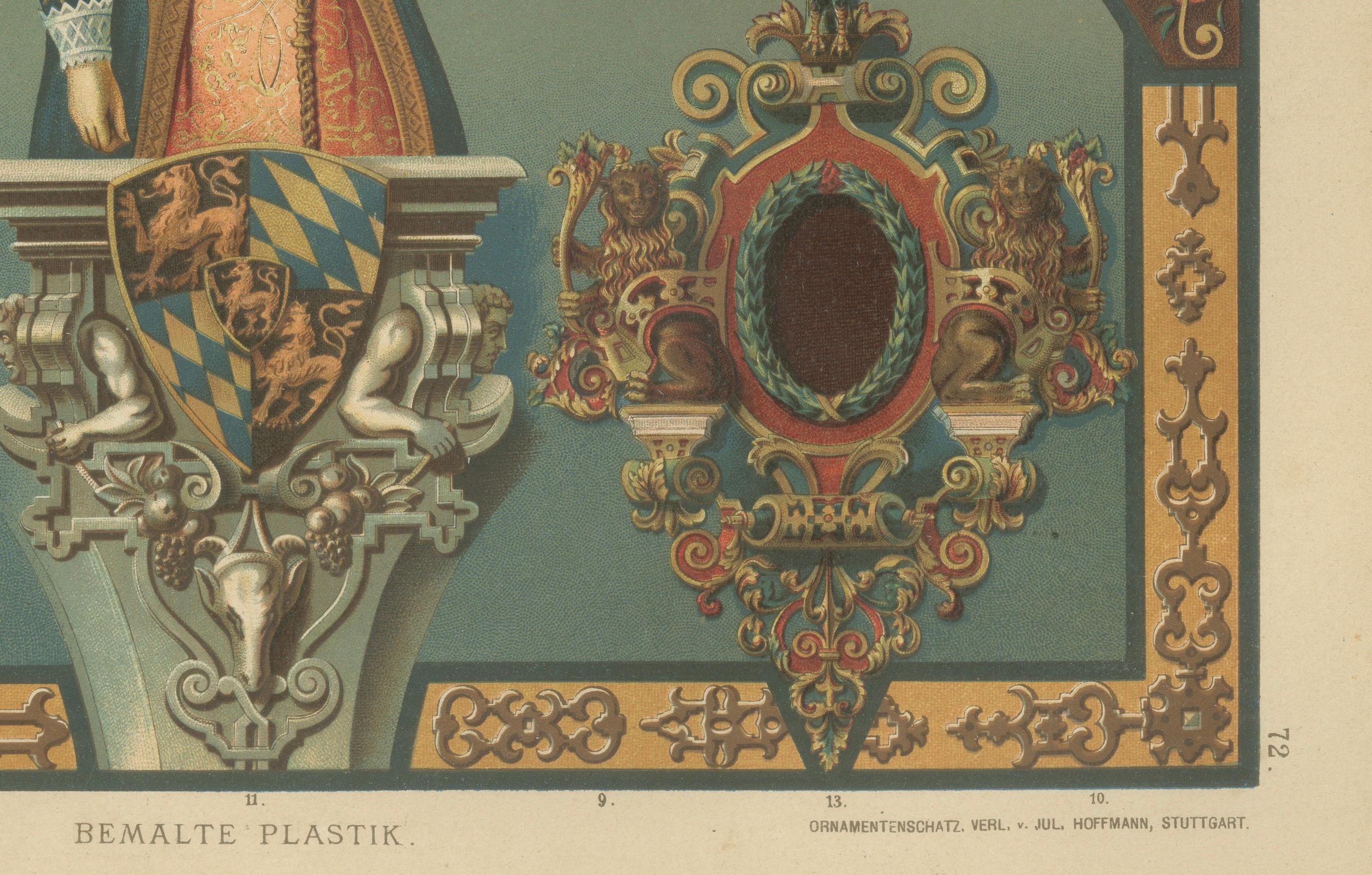 Estampa de escultura pintada renacentista alemana de Dolmetsch, Ornamentenschatz, 1887 Papel en venta