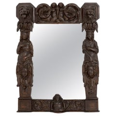 German Renaissance Revival Carved Oak Framed Mirror