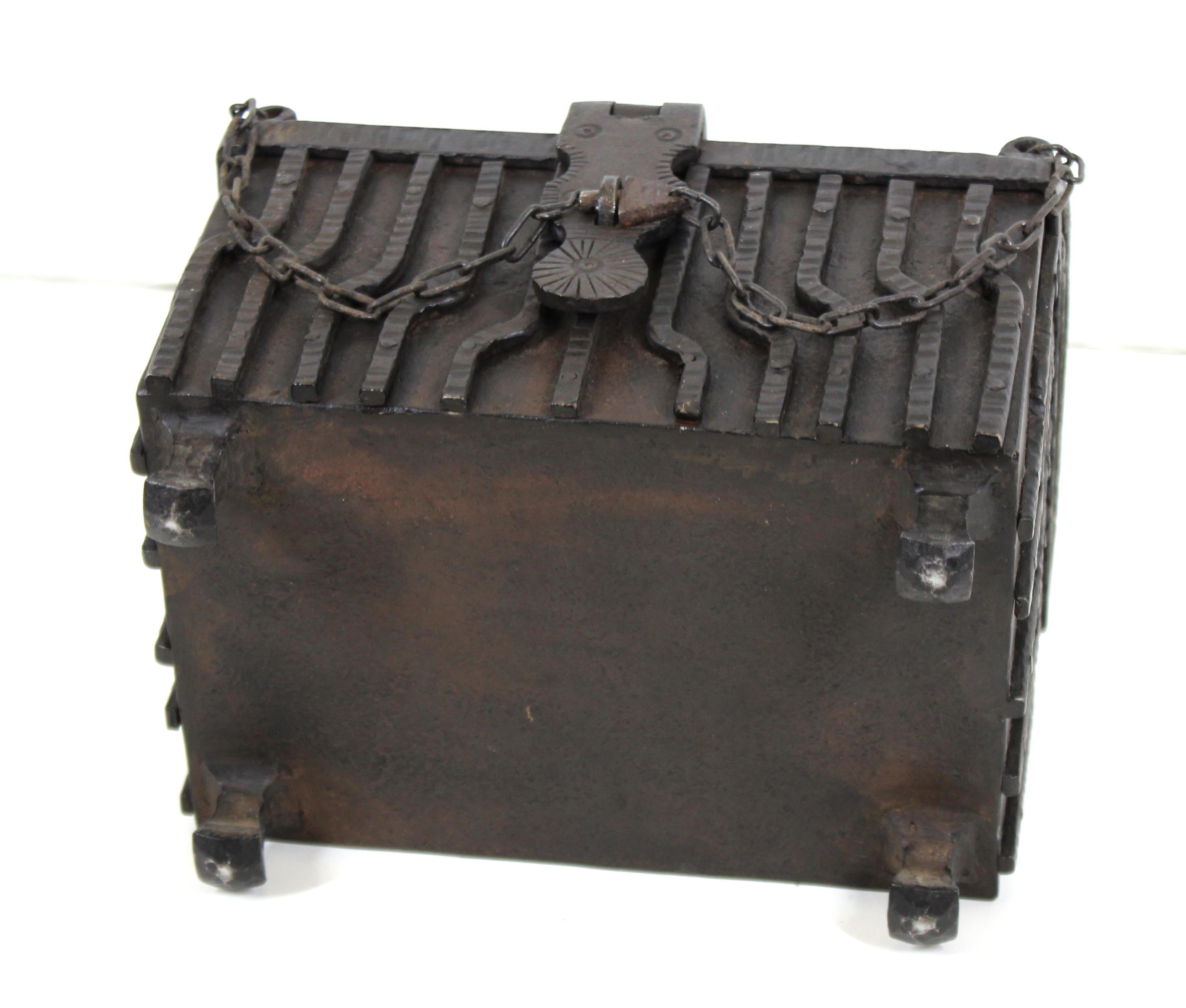 German Renaissance Revival Wrought Iron Strong Box with Lock Chain 8