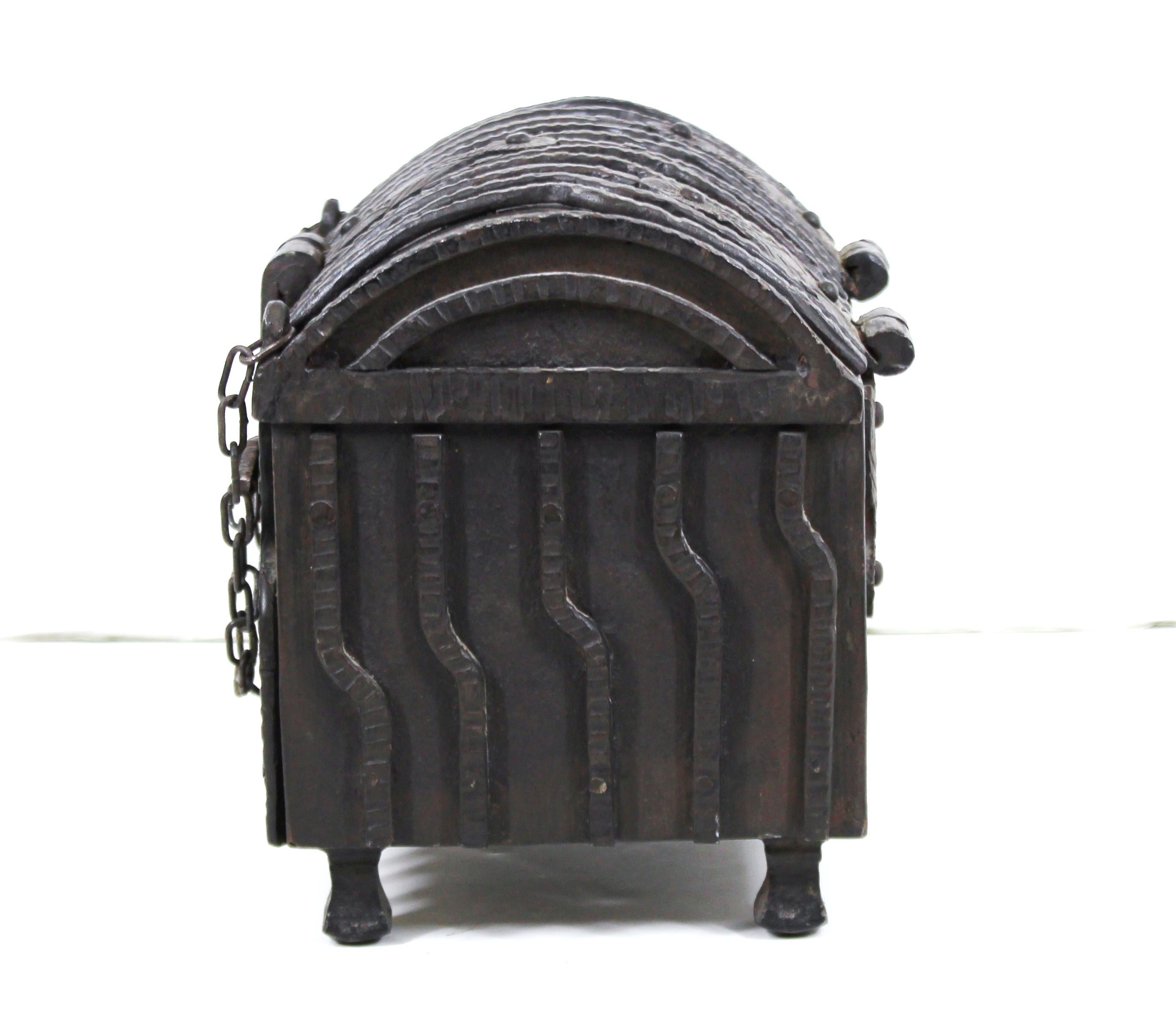 Early 20th Century German Renaissance Revival Wrought Iron Strong Box with Lock Chain