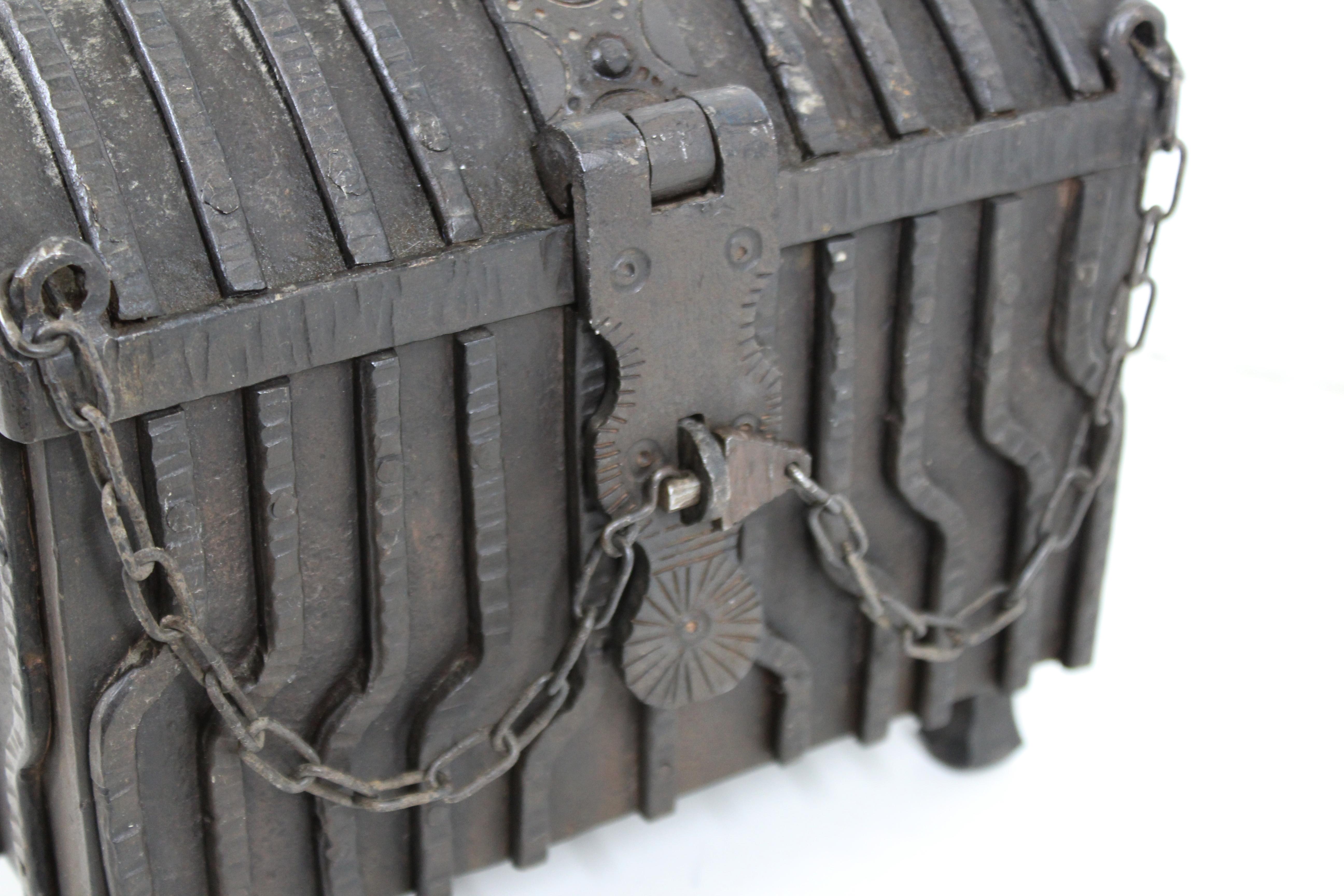 German Renaissance Revival Wrought Iron Strong Box with Lock Chain 3