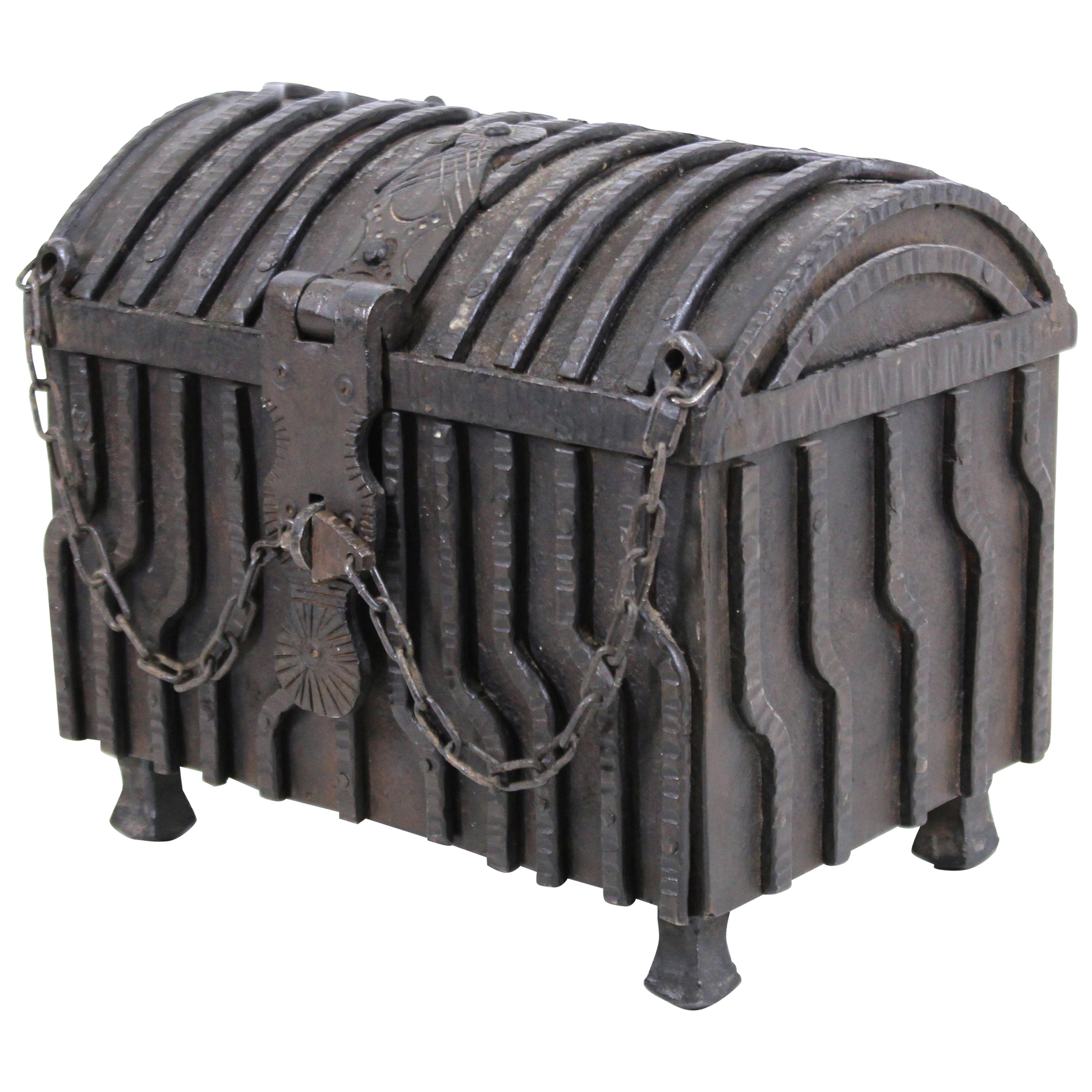 German Renaissance Revival Wrought Iron Strong Box with Lock Chain