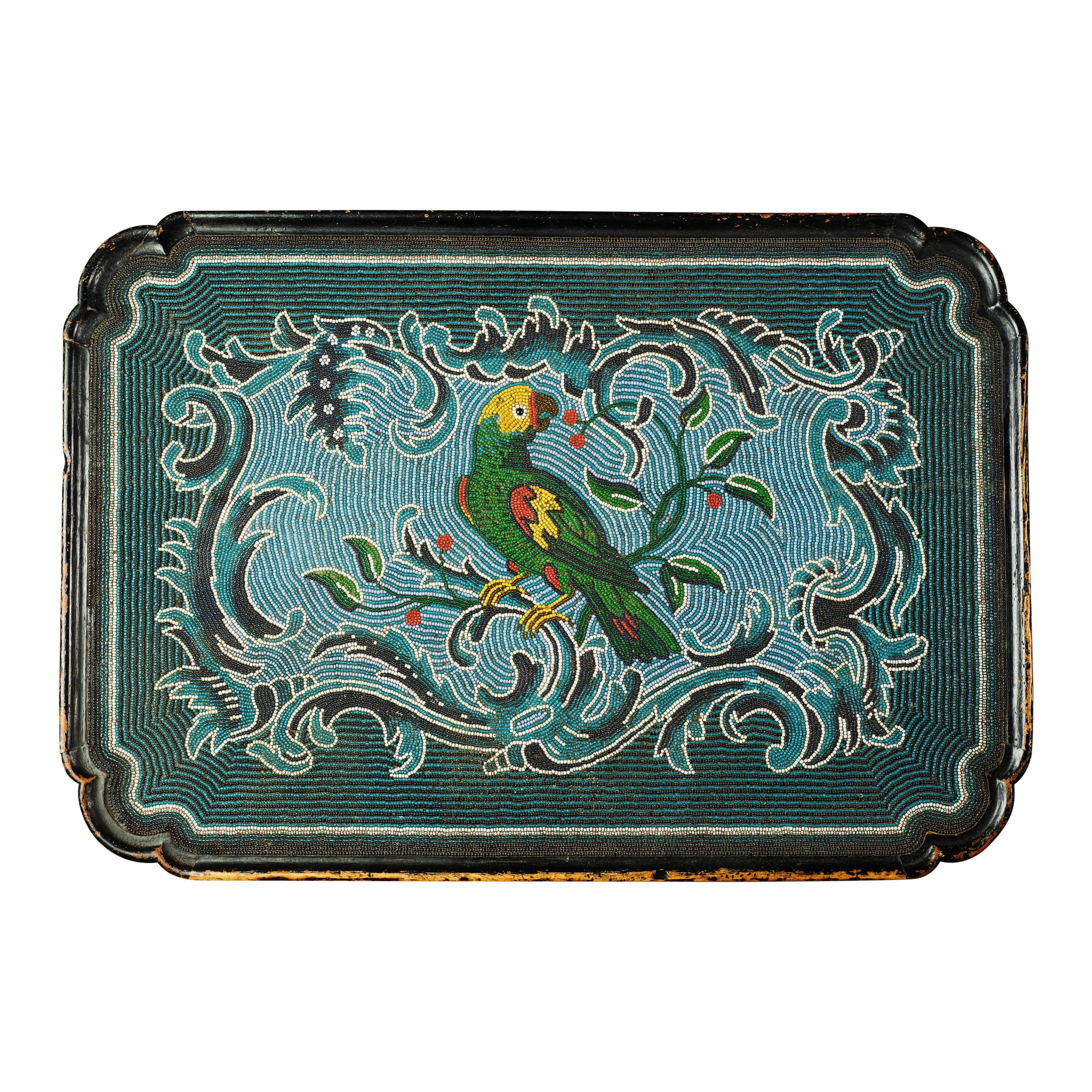 German Rococo 18th Century Glass Bead Decorated Centre Table with Exotic Parrot For Sale