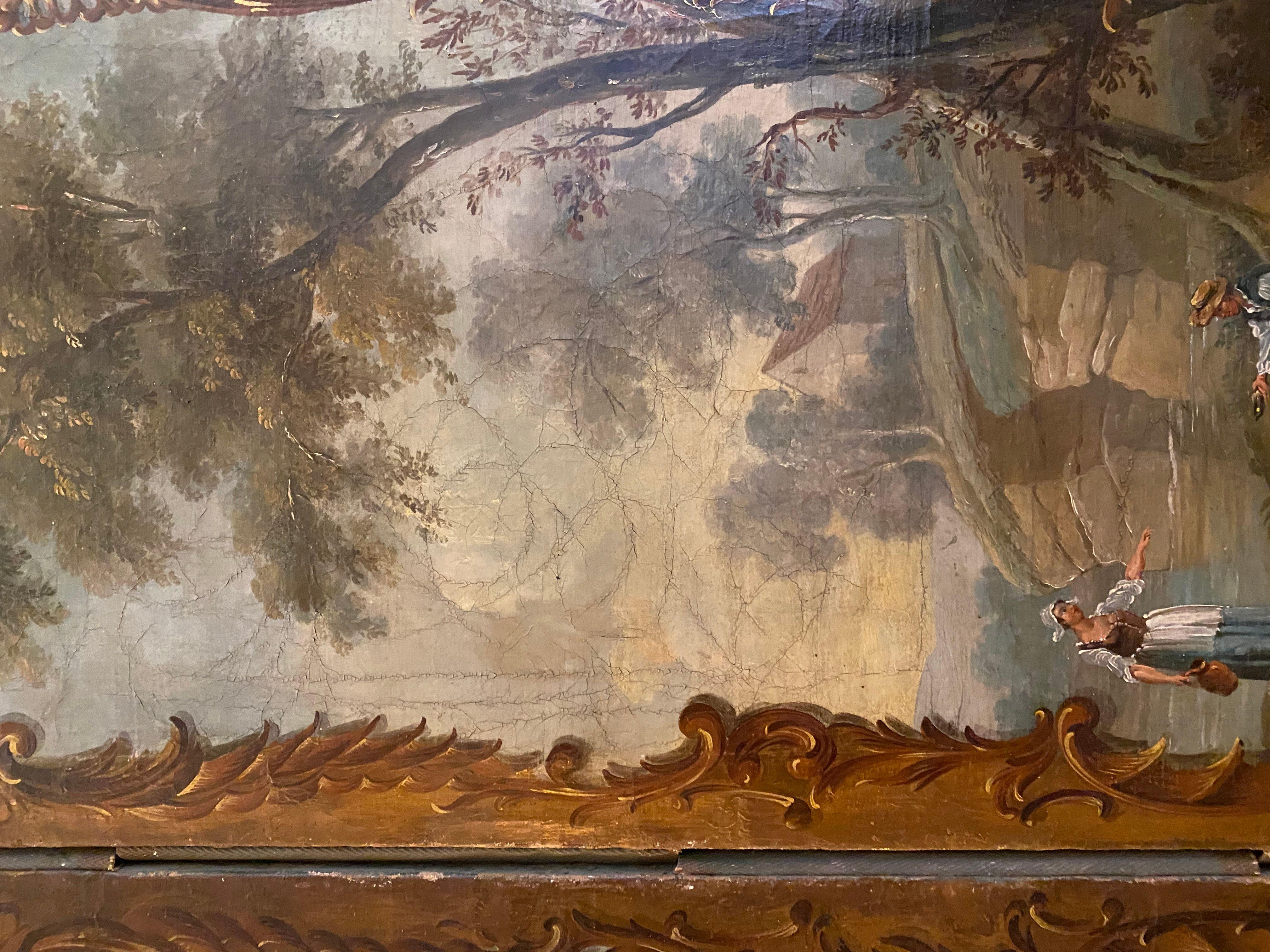 German Rococo Four Panel Painted Screen, Mid-18th Century In Distressed Condition For Sale In Spencertown, NY