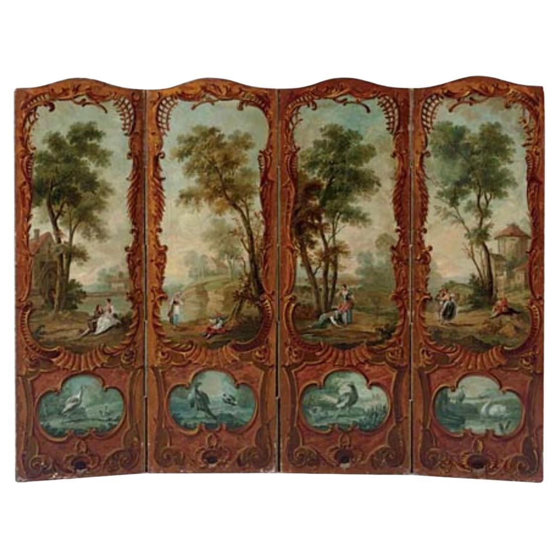Paravent allemand rococo à quatre panneaux peint, milieu du XVIIIe siècle en vente