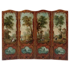 Antique German Rococo Four Panel Painted Screen, Mid-18th Century