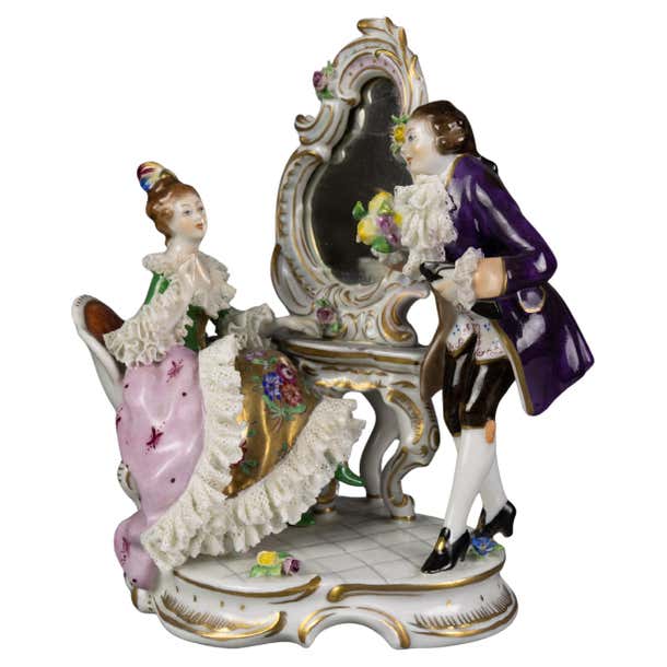 German Rococo Style Porcelain Figurine a Couple at a Dressing Table For ...