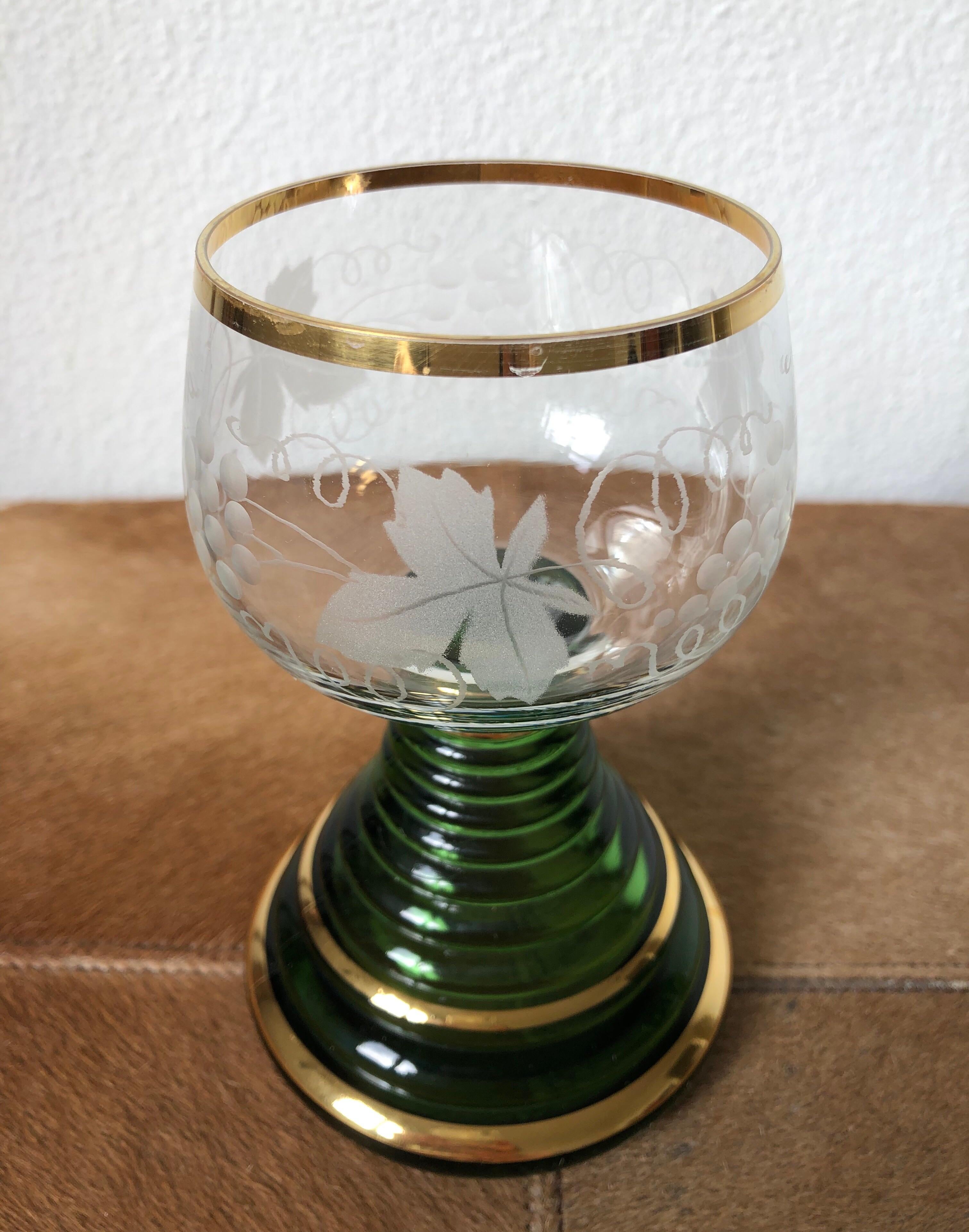Bohemian German Romer Wine Green Glass Goblet Grape Engraved, 1960s 
