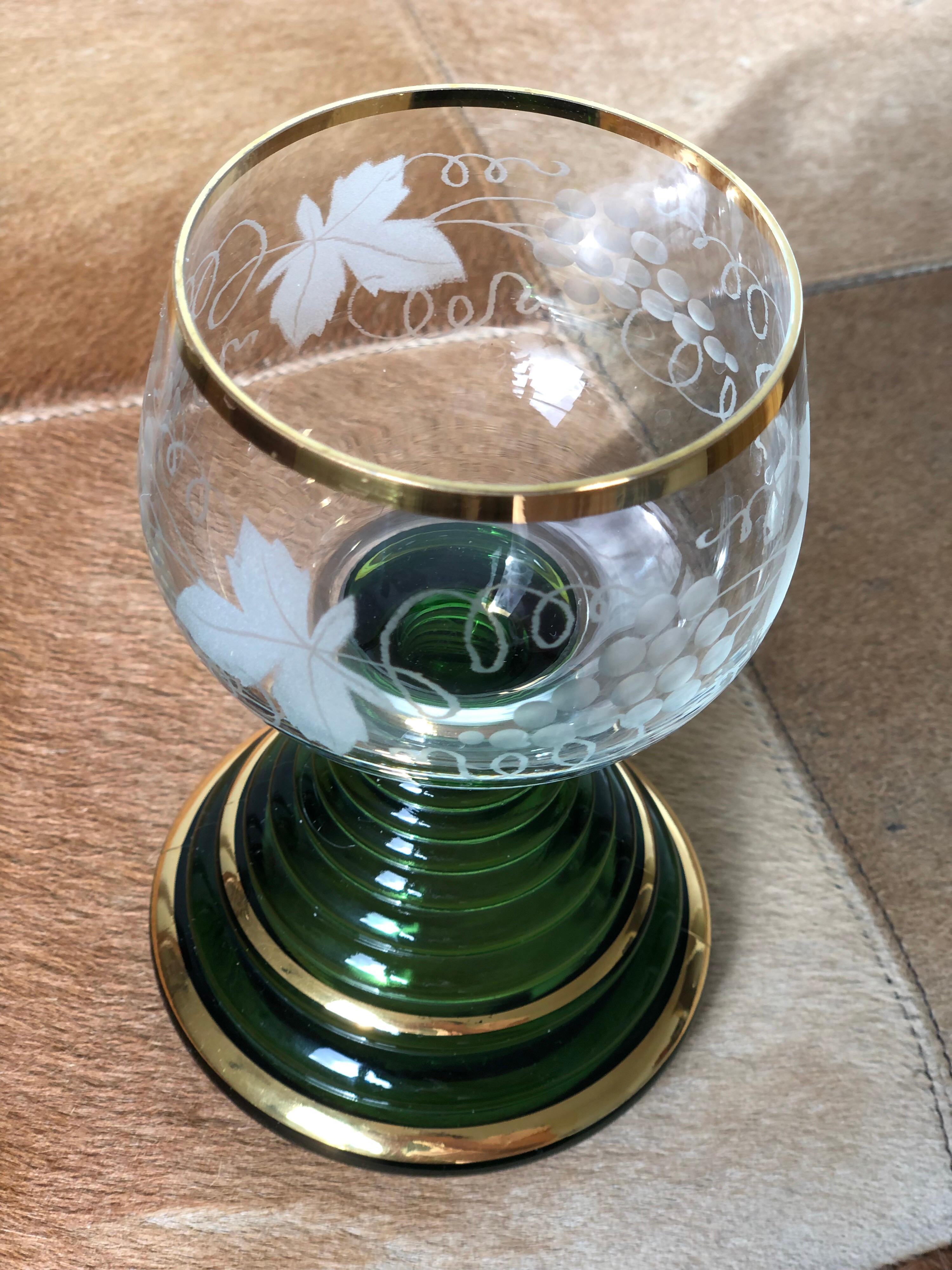 Mid-20th Century German Romer Wine Green Glass Goblet Grape Engraved, 1960s 