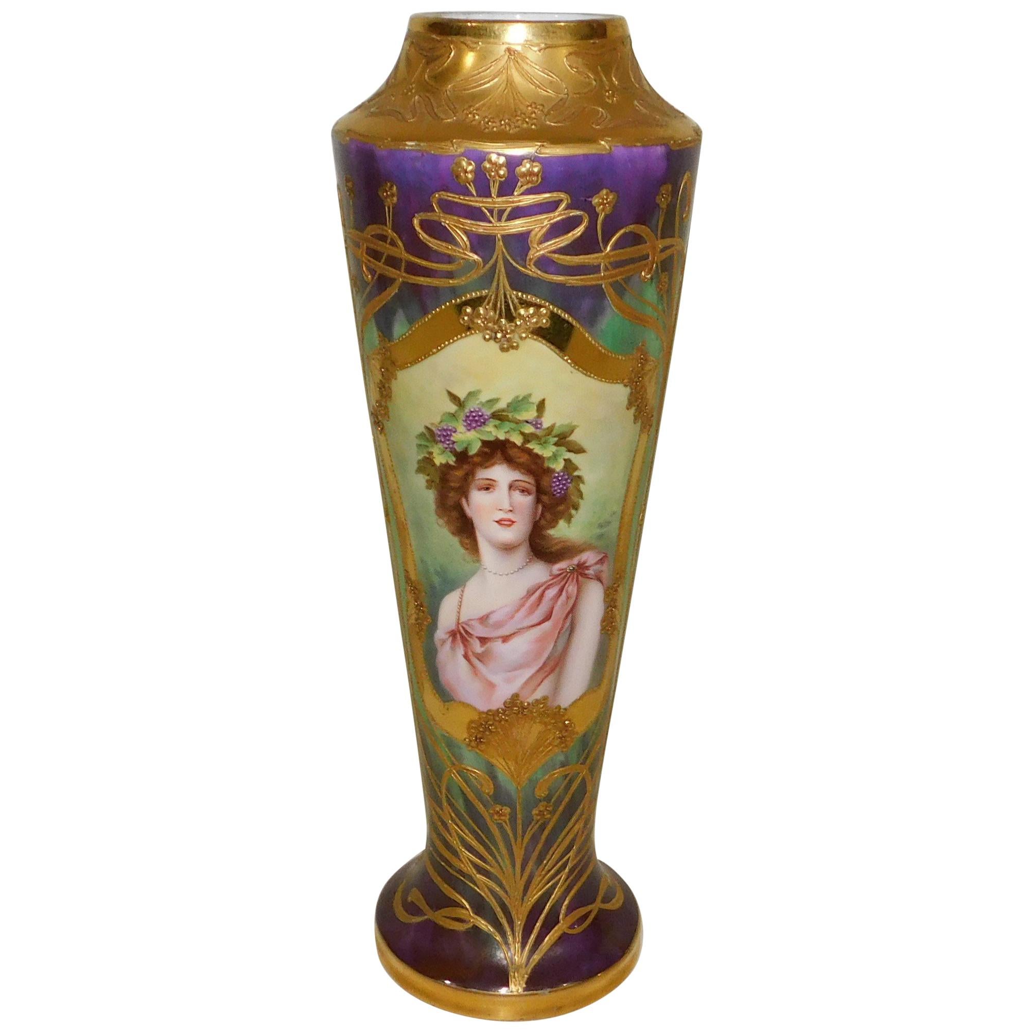 Jarrón retrato alemán Royal Vienna Porcelain Dorado en oro